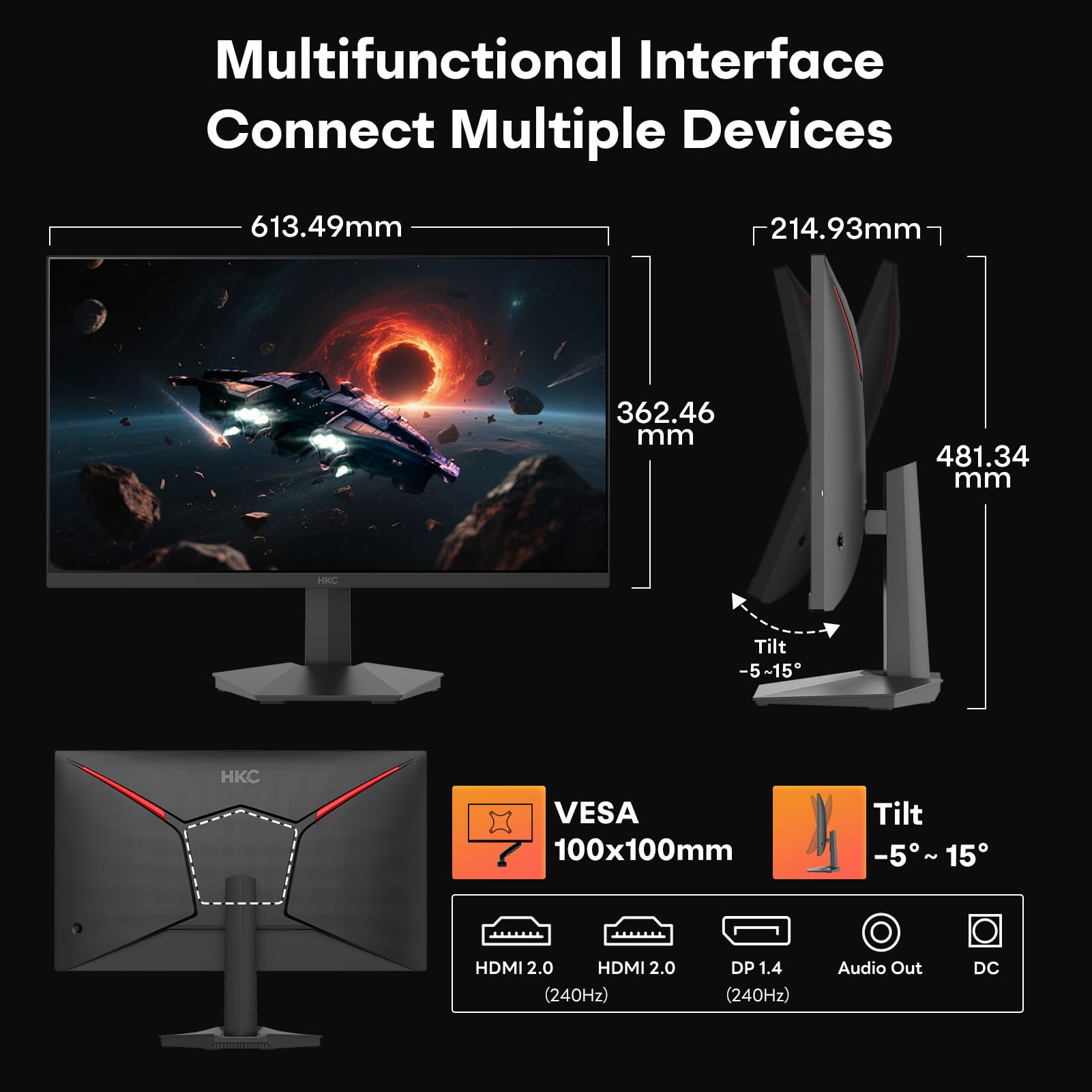 HKC 27 inch Gaming Monitor, 240Hz FHD, Fast IPS, 1ms MPRT, HDR400, 90% DCI-P3, Low Blue Light, VESA Compatible, HDMI 2.0 and DP 1.4 Ports, G27H3D — view 7