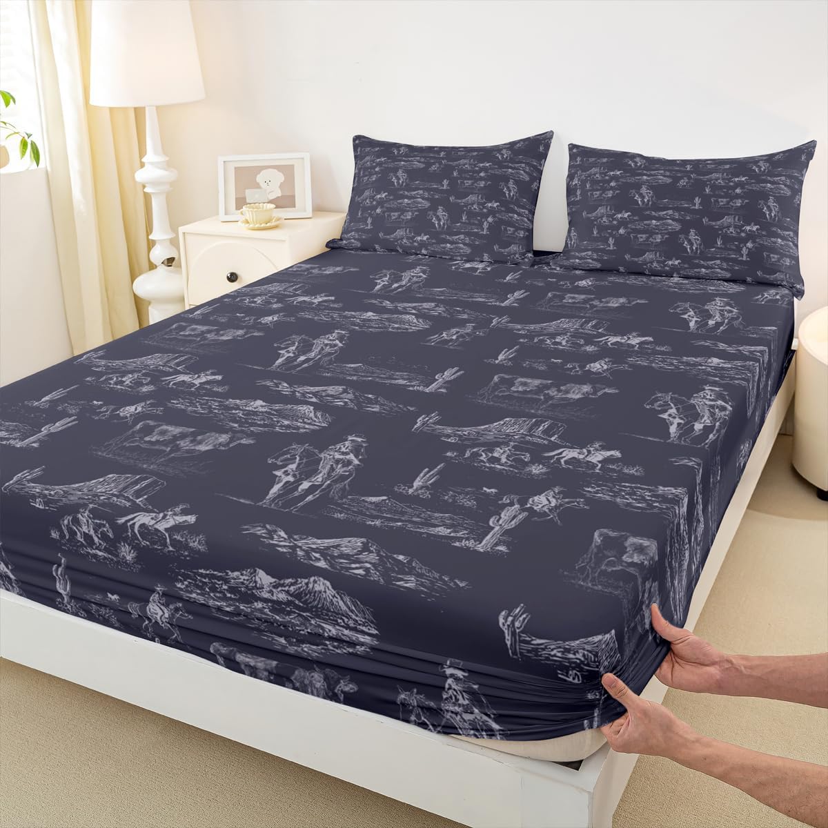 Kids Wild West Cowboy Fitted Sheet Full Size Western Decor Bed Sheet Set for Boys Girls Teens Bedroom Decor Rodeo Cowboy Style Bedding Set Blue Bed Cover with 2 Pillow Case