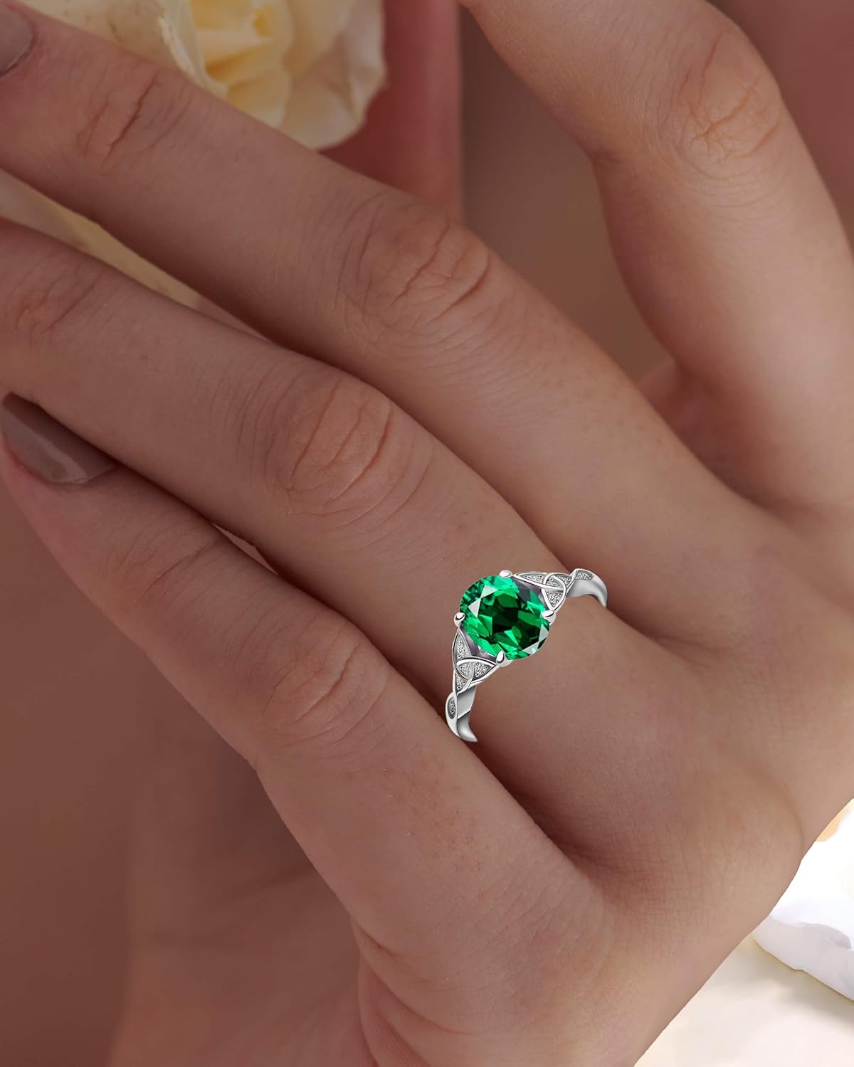 Celtic Birthstone Rings for Women 925 Sterling Silver Celtic Knot Moss Agate Ring Engagement Rings for Her Wife Birthday Anniversary Wedding Jewelry