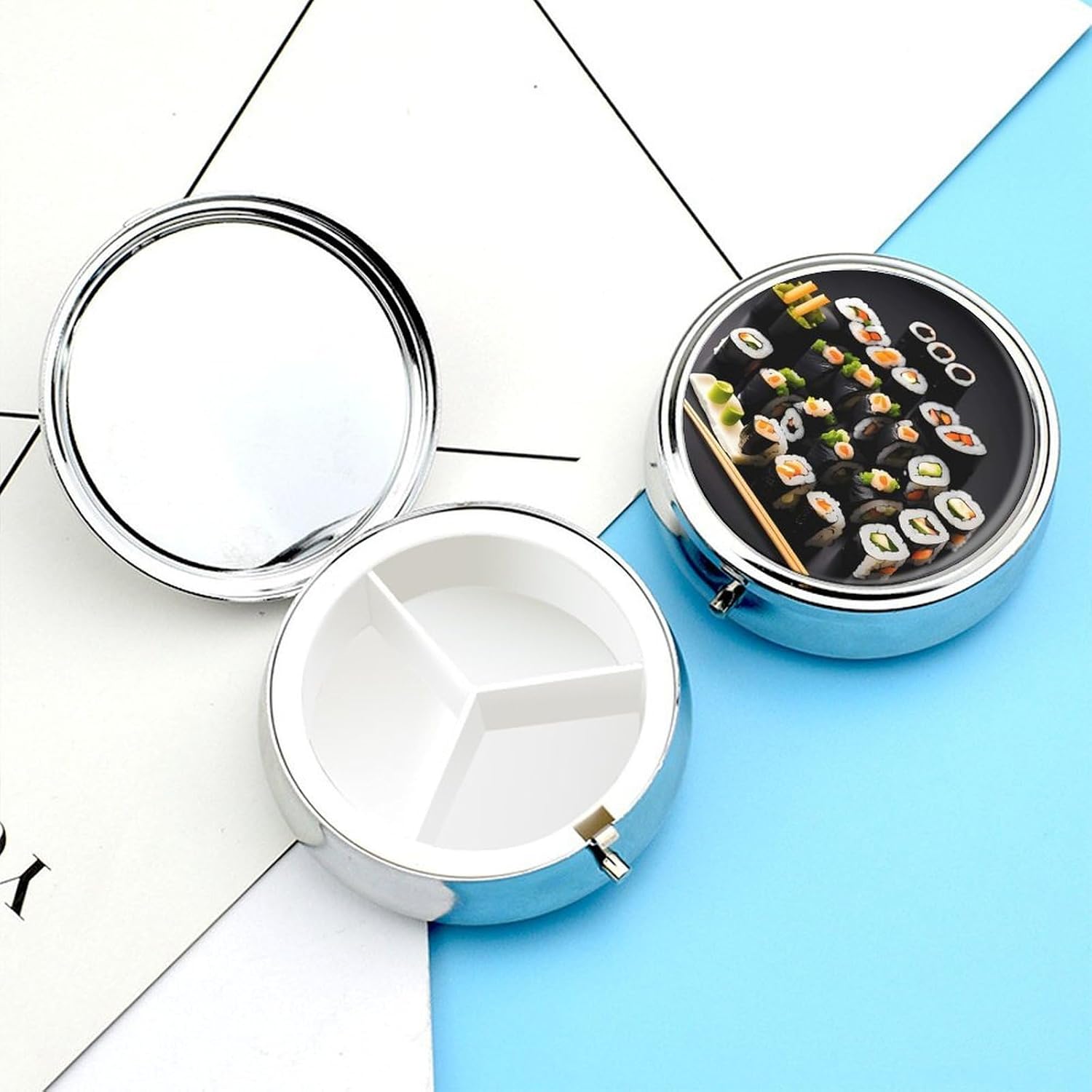 Round Silver Pill Box Small Pill Case for Purse and Pocket 3 Compartment
