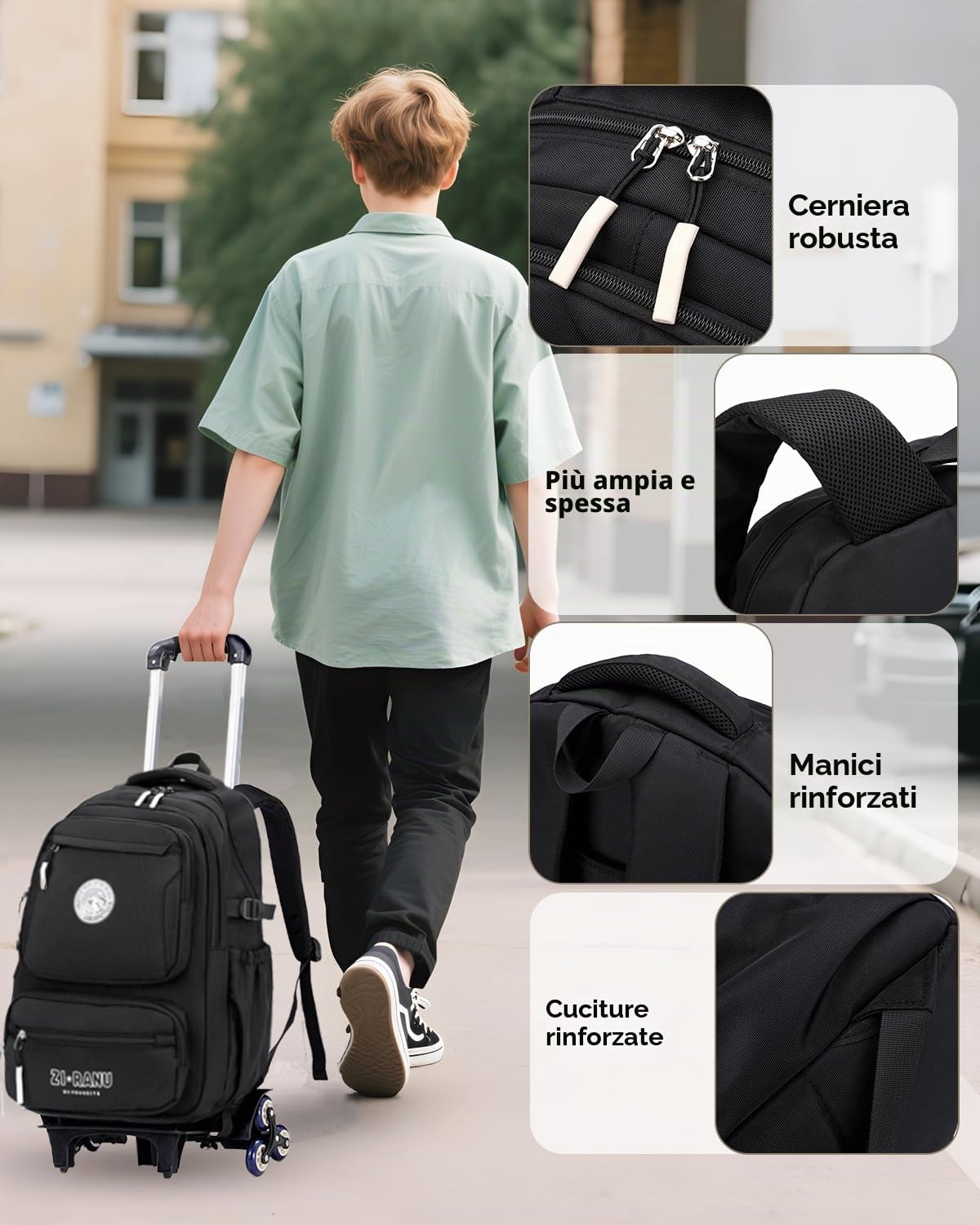 Tanou Zaino Trolley per Ragazzi, Capiente per Scuola Media e Superiore, 30L | Zaini Impermeabile con Ruote, Daypack Casual con Carrello Staccabile per la Scuola e Viaggi, Nero