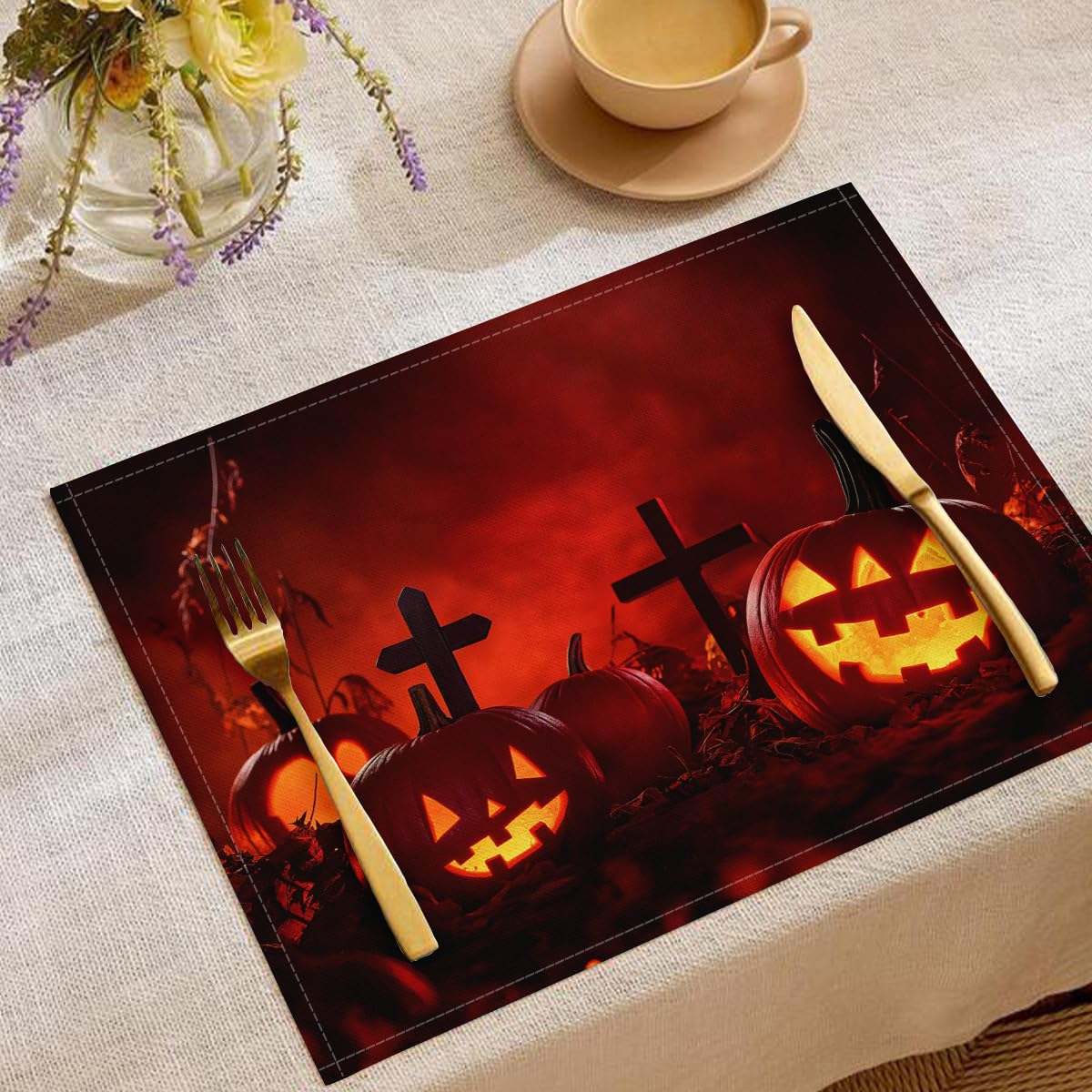 Set de table d'halloween lavable et réutilisable rouge foncé lot de 8 pièces 45 x 30 cm