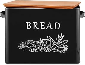 E-far Bread Box for Kitchen Countertop, Metal Bread Storage Container Bin with Bamboo Lid for Cutting Bread, Extra Large & Farmhouse Style, 13” x 7.2” x9.8”, Black