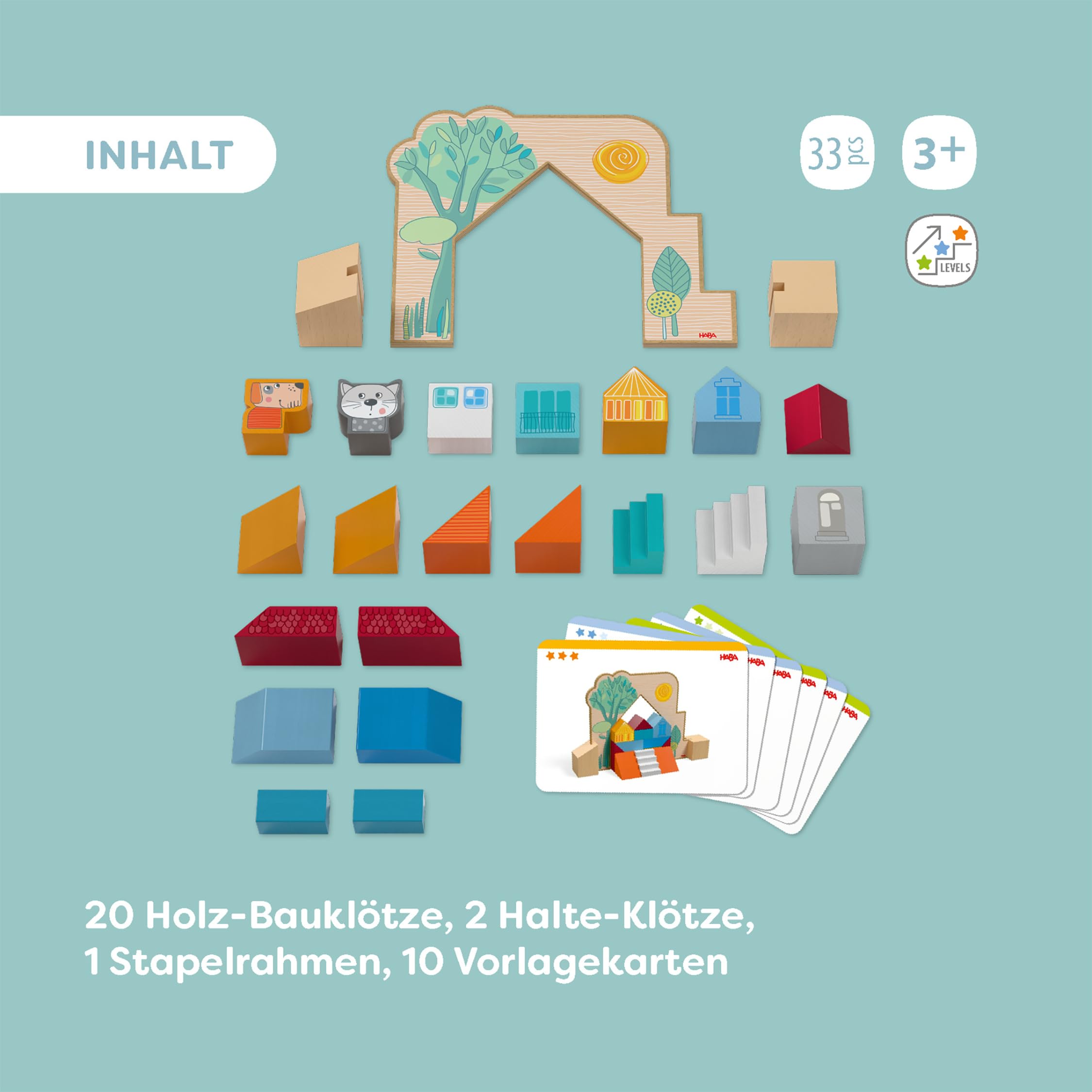 HABA Stapel- und Legespiel Bauspaß – 3D-Holzbausteine für Kinder ab 3 Jahren – Kreatives Konstruktionsspiel mit 20 Bausteinen & Vorlagekarten – 2012382001