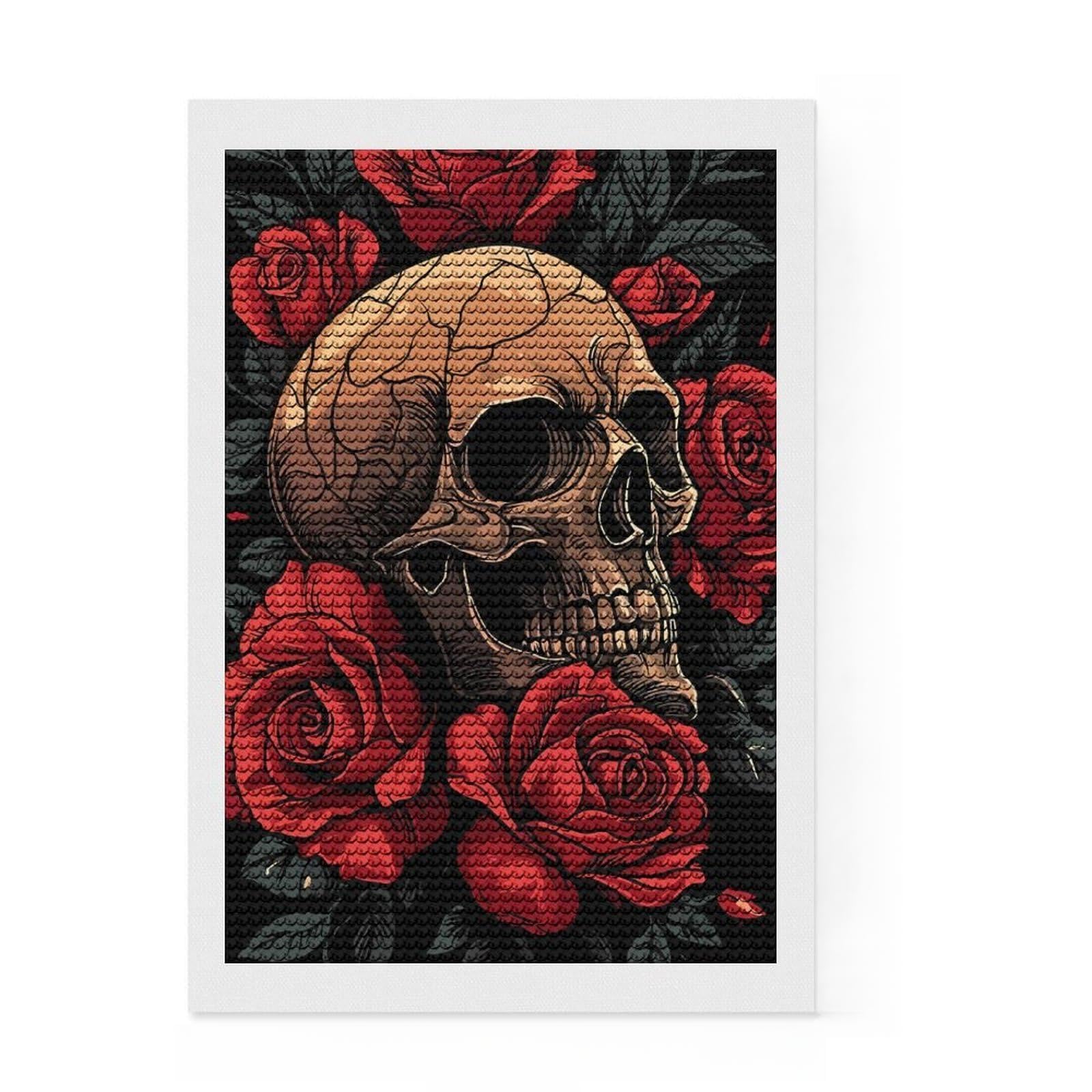 Junmoney Skull and Roses Illustration Diamond Painting Set 8"x12", Easy to Enjoy, Easy Handmade Project, Boho Decor, Birthday Gift, Stress Relief Craft