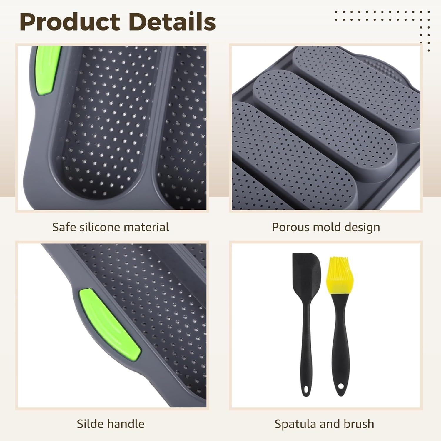 2 Silicone Bread Pans, 13.2 X 9.3 Inch, Heat-Resistant, Green Handles, 4 Slots for Easy Baking