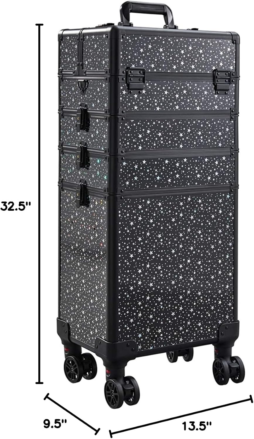 Rolling 5-in-1 with nail polish holder divider shoulder strap Portable Makeup Professional Cosmetic Organizer Makeup Traveling case Trolley Cart Trunk (black with star)