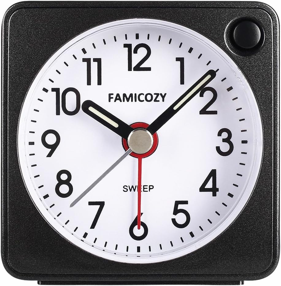 FAMICOZY Mini Size Alarm Clock, Quiet Non Ticking Travel Alarm Clock with Snooze and Nightlight,Gradually Increasing in Volume,Lightweight Analog Quartz Clock,Battery Operated,Black