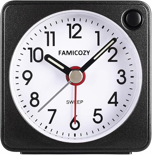 FAMICOZY Mini Size Alarm Clock, Quiet Non Ticking Travel Alarm Clock