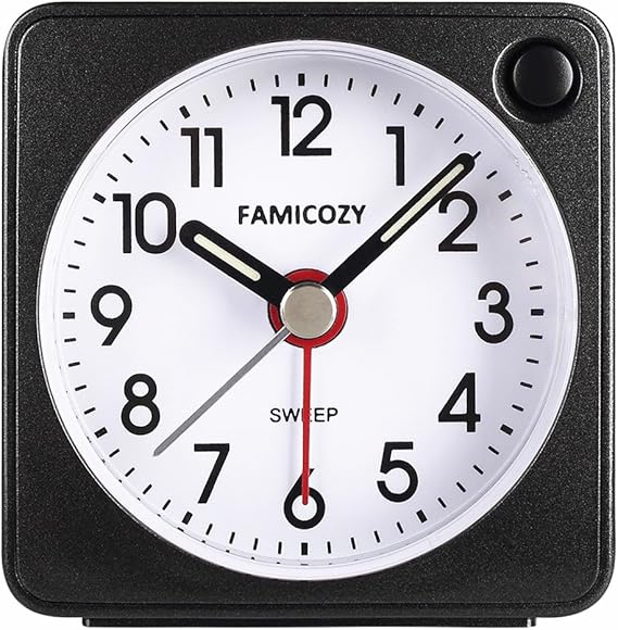 FAMICOZY Mini Size Alarm Clock, Quiet Non Ticking Travel Alarm Clock
