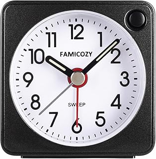 FAMICOZY Mini Size Alarm Clock, Quiet Non Ticking Travel Alarm Clock with Snooze and Nightlight,Gradually Increasing in Volume,Lightweight Analog Quartz Clock,Battery Operated,Black