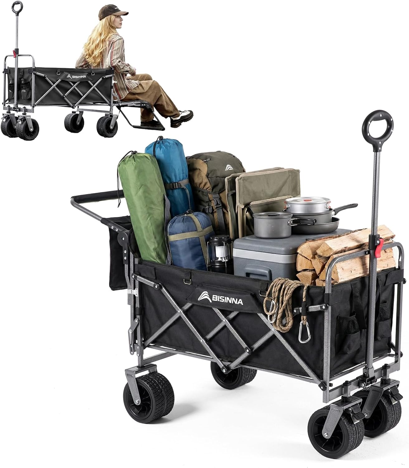 BISINNA Collapsibale Wagon Foldable 400LB Heavy Duty Folding Beach Cart Large Capacity Wagons with Tailgate Big All-Terrain Wheels Utility Outdoor Portable Wagon for Camping, Garden