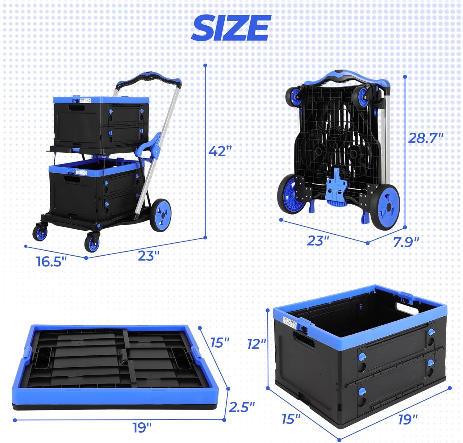 Collapsible Shopping Cart with Wheels, 200 LBS Capacity Blue Grocery Cart with Storage Crates, Platform Hand Truck with Foot Brake