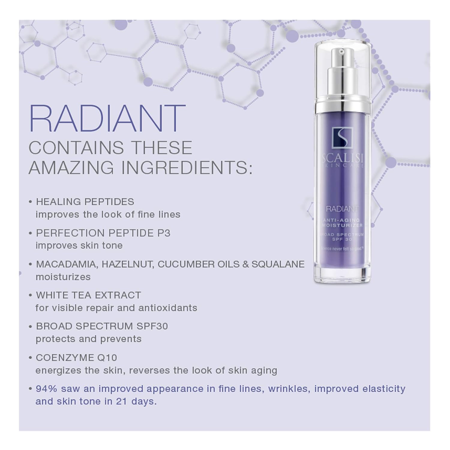 SCALISI RADIANT SPF 30 Moisturizer – Lightweight Daily Face Sunscreen with Anti-Aging Benefits – Clinically Proven to Reduce Fine Lines – No White Cast – All Skin Types