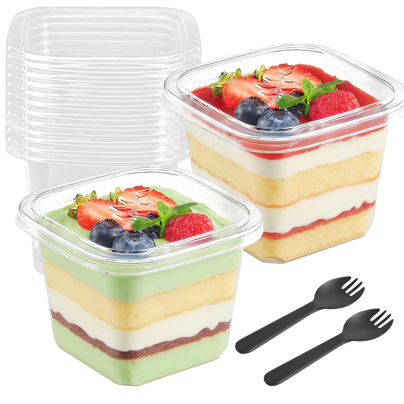 50 bicchieri da dessert in plastica con coperchio, 360 ml, rettangolari, in plastica, con cucchiai, ciotole da dessert, riutilizzabili, per tiramisù, dessert, mousse