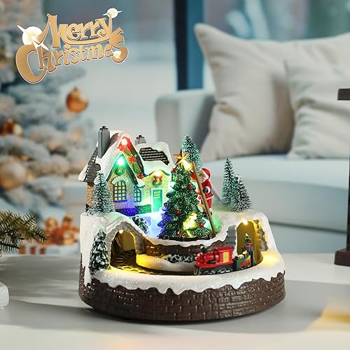 Miniatura 6 de Ovewios Casas de pueblo de Navidad, pueblo de nieve musical preiluminado con Papá Noel, árbol de Navidad, tren giratorio para fiesta de Navidad,