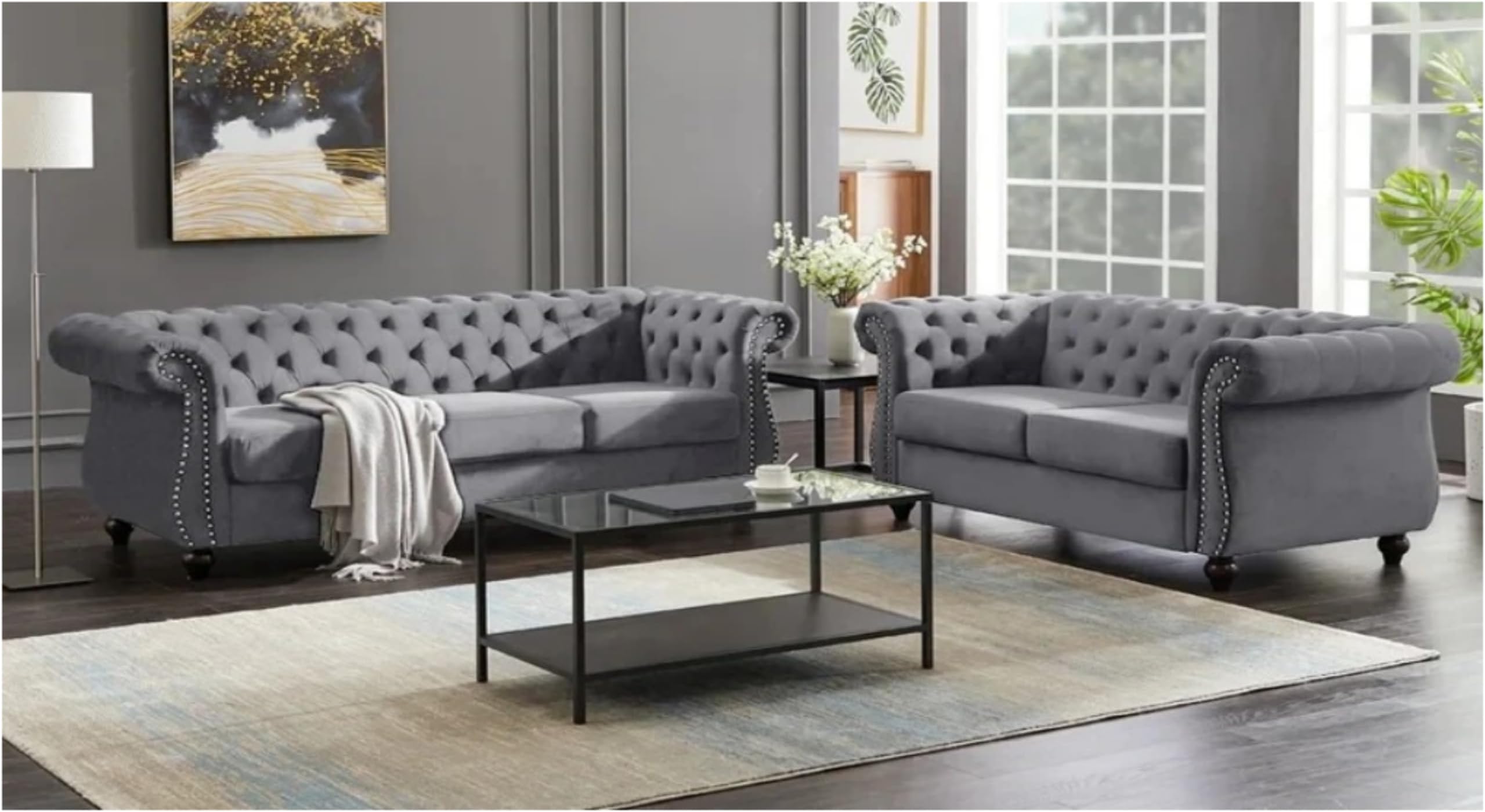 Chesterfield Velvet Sofa Set 3+2 Seater Button Tufted Couch with Rolled Arms Modern Living Room Sofa | Comfortable Lounge Couch for Apartment, Bedroom & Office (Steel Plush Velvet, 2 Seater)