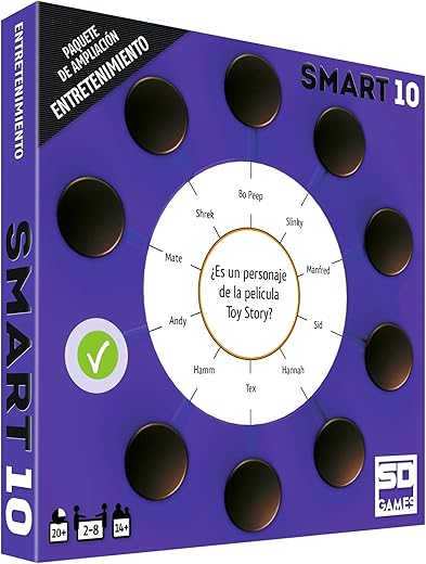 Smart 10 Entretenimiento - Paquete de Ampliación Juego de Mesa de Preguntas Smart 10 sobre Entretenimiento, 50 Tarjetas Doble Cara con 100 Preguntas, 2 a 8 Jugadores Recomendado a Partir de 14 Años