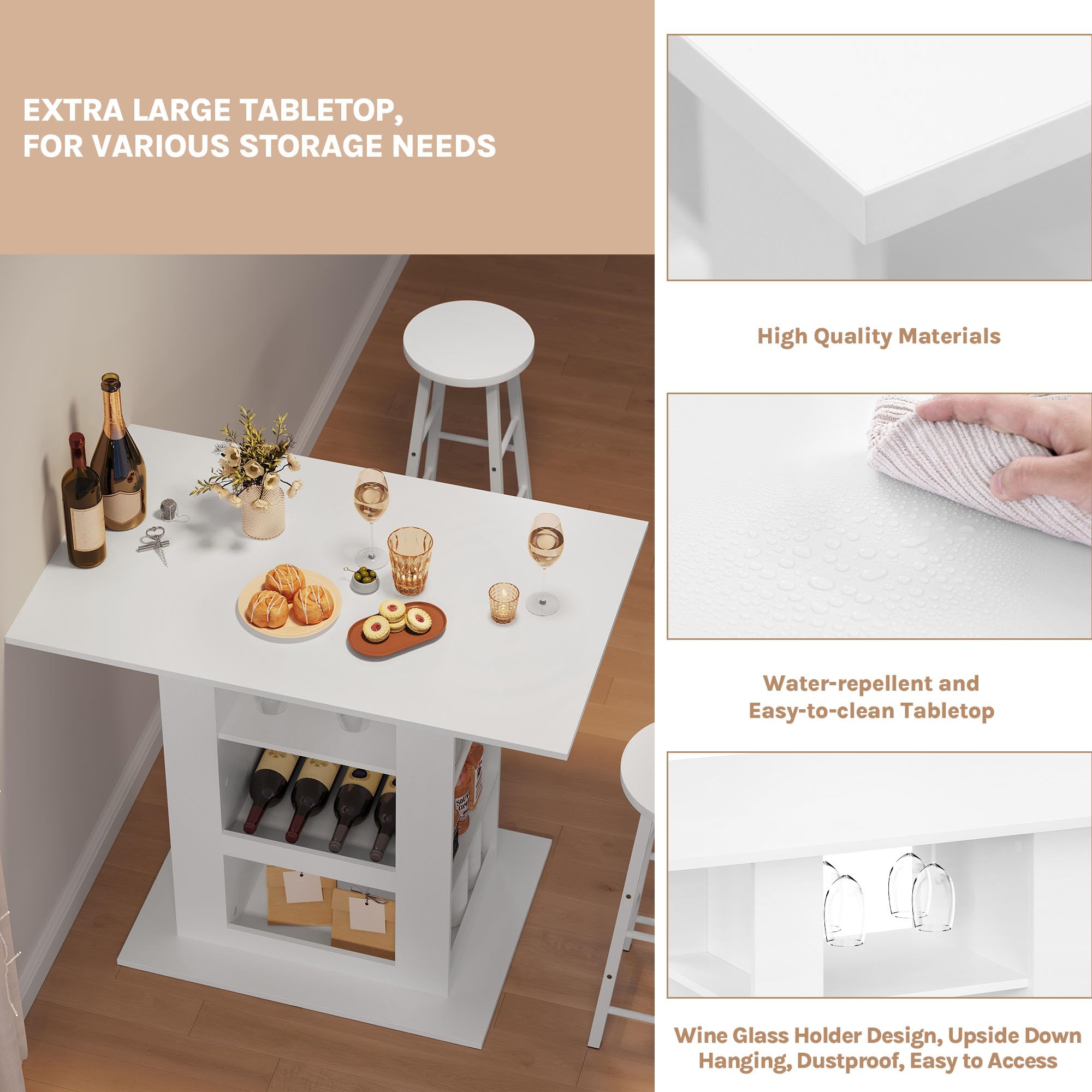 WOLTU Bartisch mit Stauraum, Stehtisch mit 2 Glashaltern, Esstisch für Bar Küche Wohnzimmer, Küchentheke aus Holz, Hochtisch 105x94x68 cm, weiß