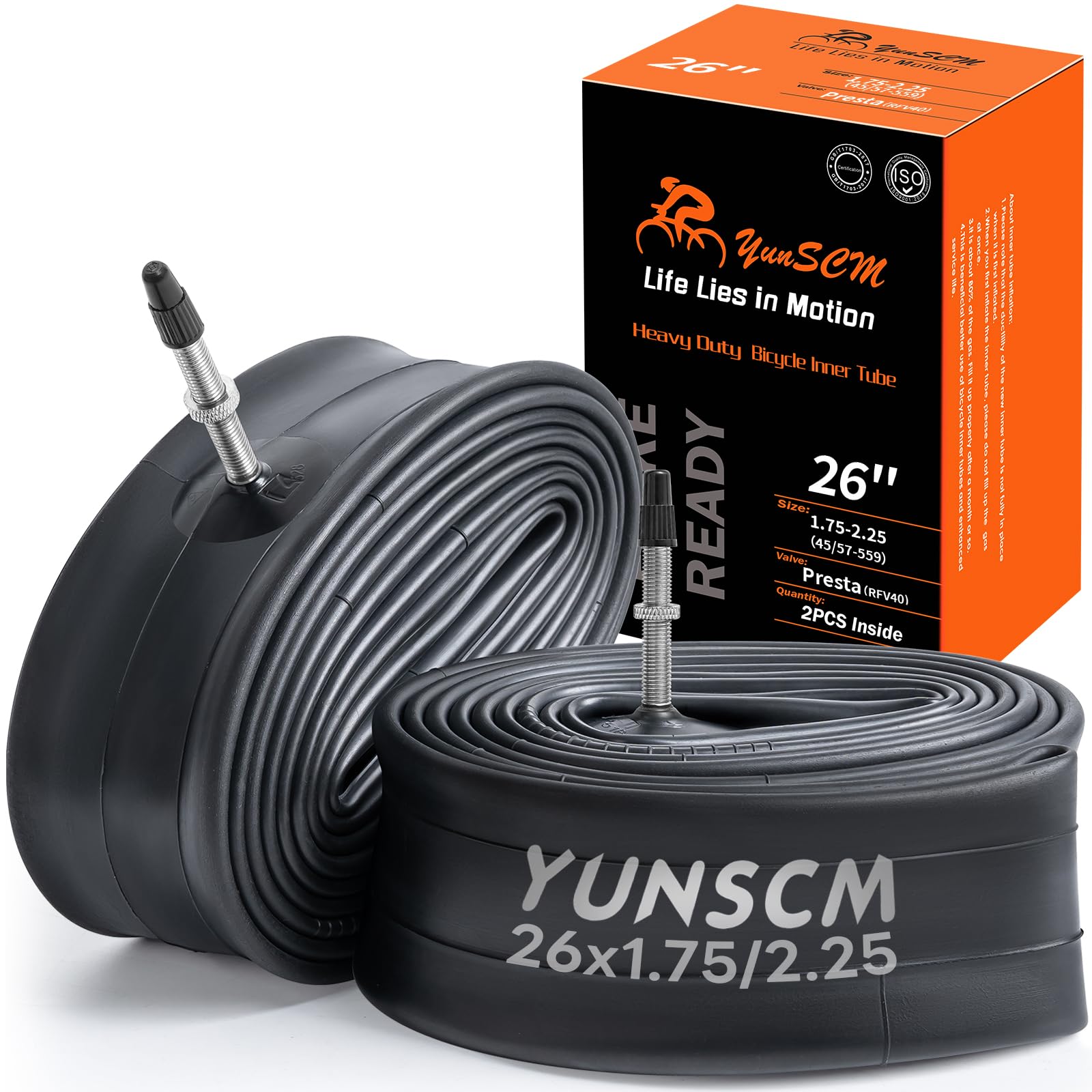 YunSCM 2PCS Heavy Duty 26 Inch Bike Tubes 26x1.75 26x1.95 26x2.0 26x2.10 26x2.125 26x2.25 Presta Valve (Removable Valve) RFV40mm 26 Bicycle Tubes Compatible with 26x1.75/2.25 Bike Tyre Tubes