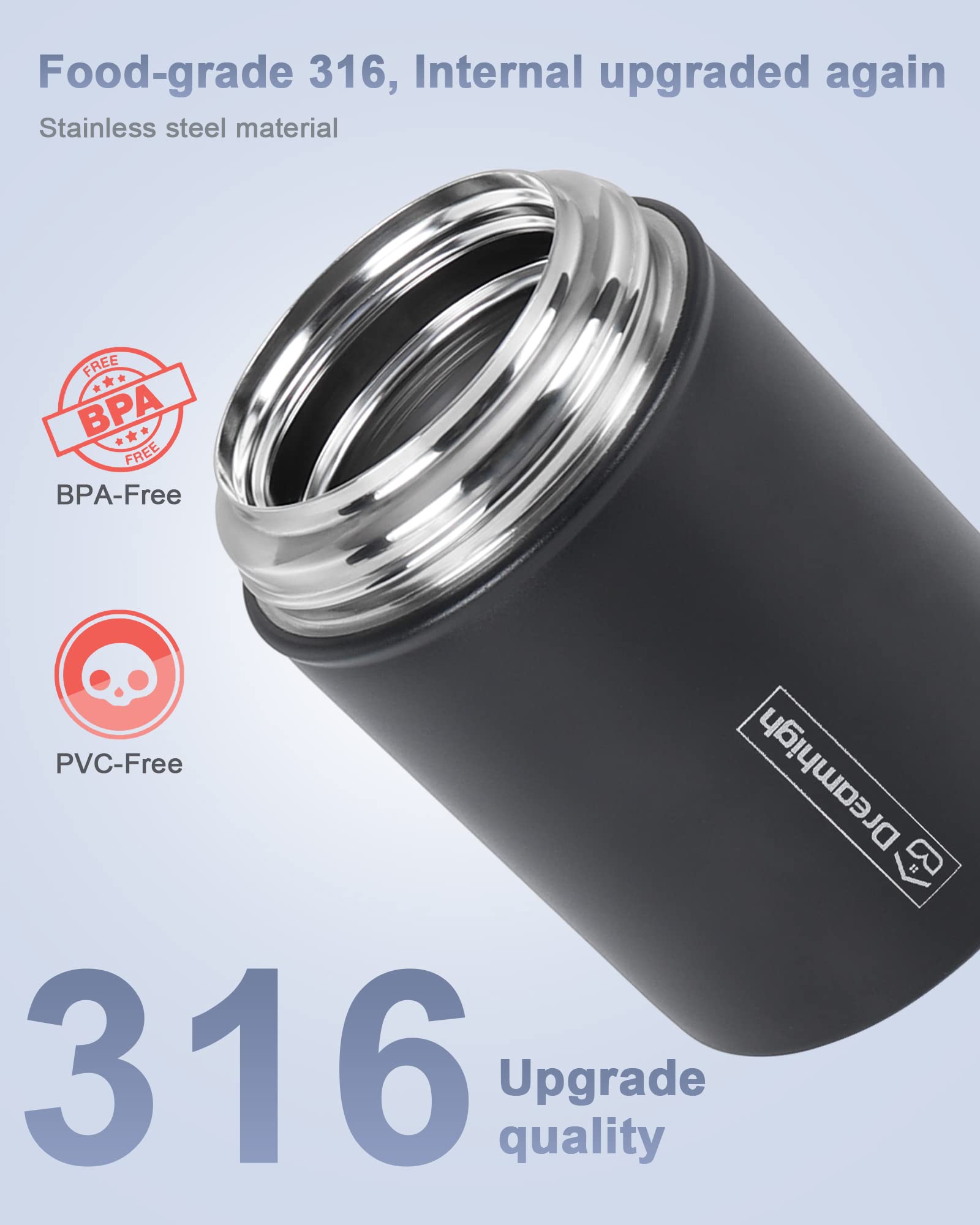Dreamhigh® Thermos Alimenti Caldi 550 ml, Contenitore Termico di Acciaio Inossidabile con con Cucchiaio, Thermos Pappa Neonati A Prova di Perdita, per Zuppa, Porridge, Riso (Nero)