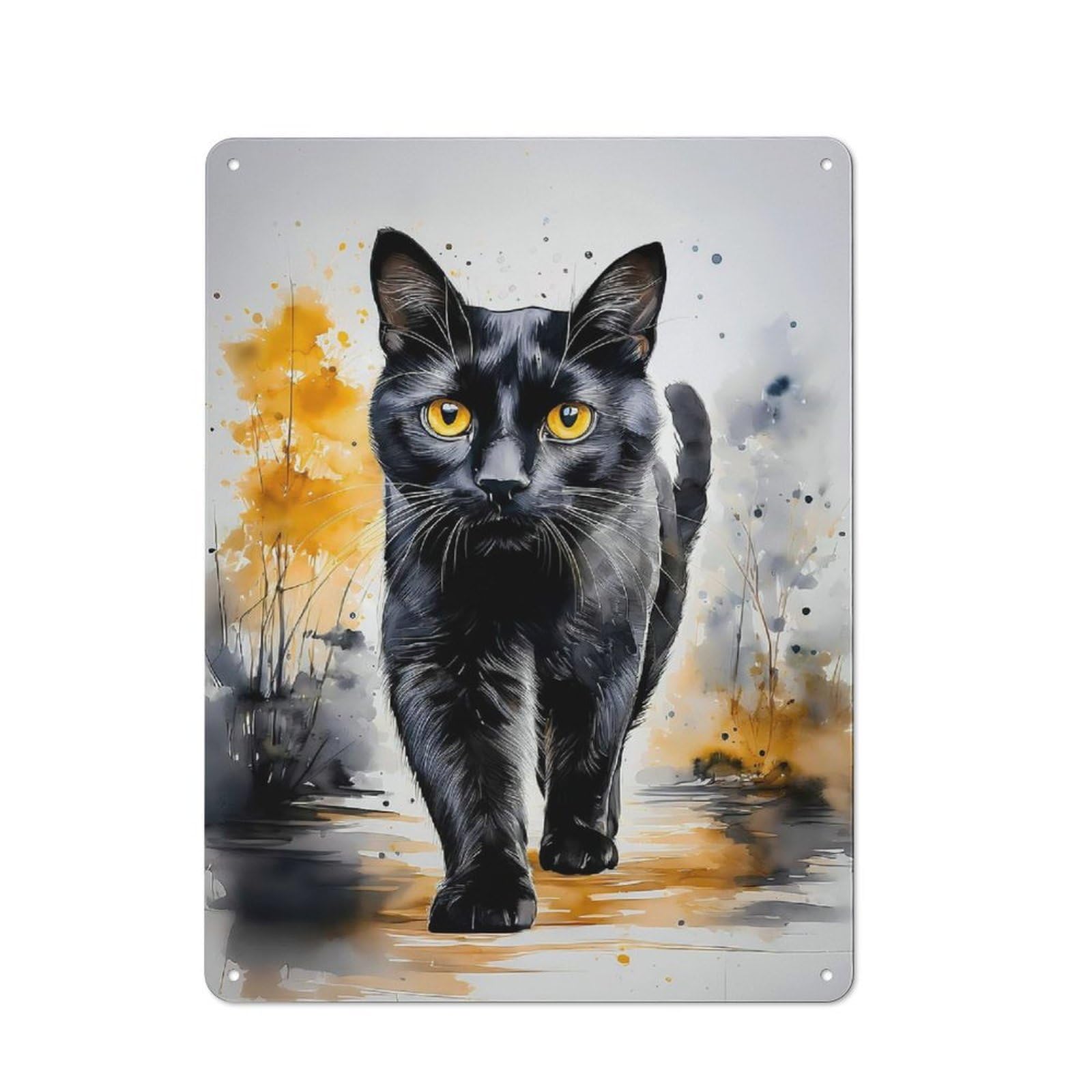 Black Cat Watercolor Printed Tin Plaque, Clean Printed Wall Decor for Breakfast Nook, Kitchen Wall And Home Cafe, 40x30cm