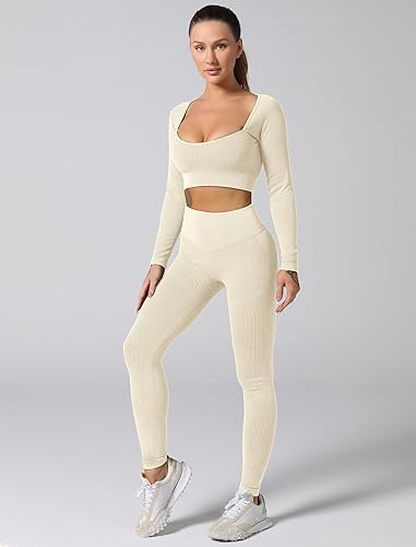 Miniatura 4 de ABOCIW Conjuntos de entrenamiento para mujer, sin costuras, acanalado, cuello corazón, manga larga, parte superior fruncida en los glúteos,