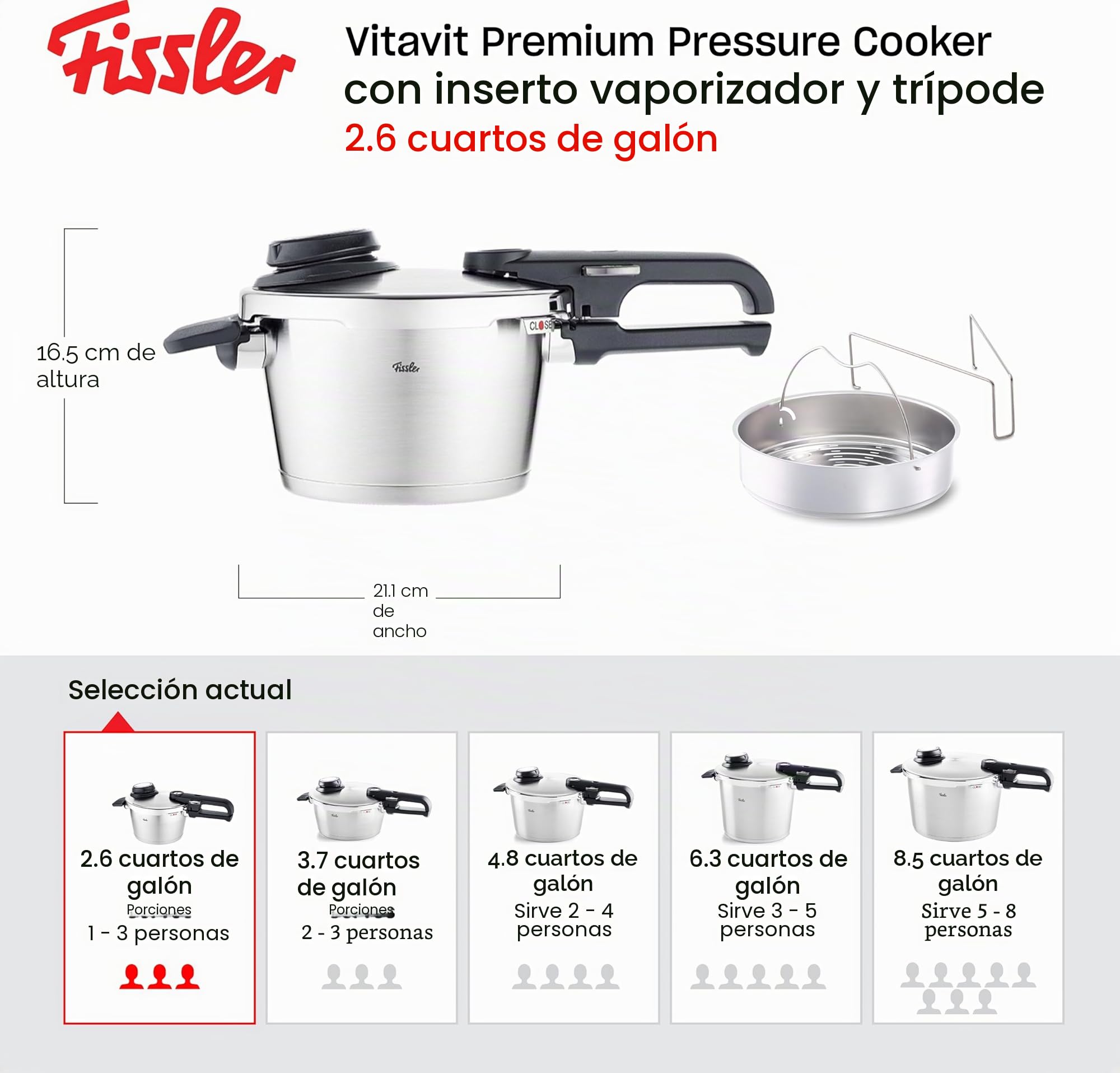 Fissler Vitavit Premium Olla a presión de 2,5 L y 18 cm de diámetro, acero inoxidable, 4 niveles de cocción, incluye accesorio de cocción al vapor, inducción