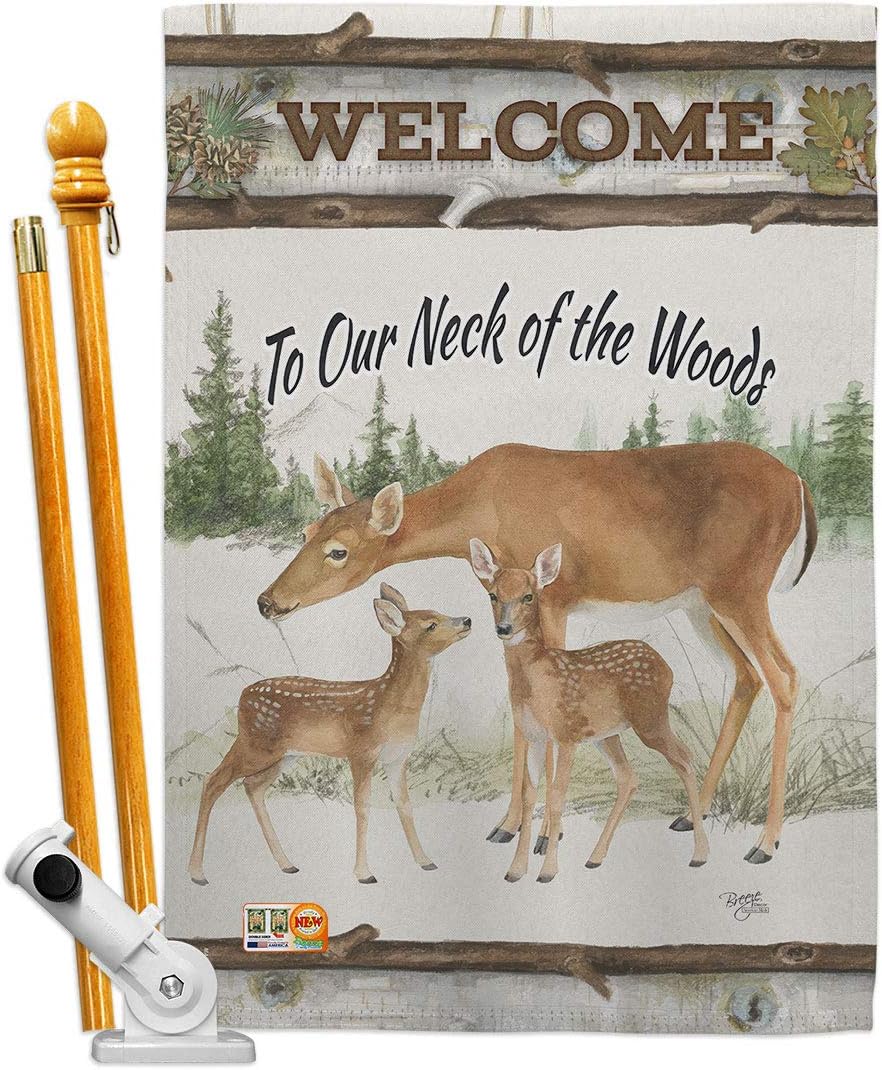Neck Of The Woods House Flag Set Animals Wildlife Outdoor Deer Bear Wolf Pet Nature Farm Animal Creature Small Decorative Gift Yard Banner Double-Sided Made In USA 28 X 40