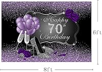 Vista 3 de Fondo fotográfico negro y morado con tacones altos plateados, globos de rosa morada para fiesta de cumpleaños número 70, telón de fondo