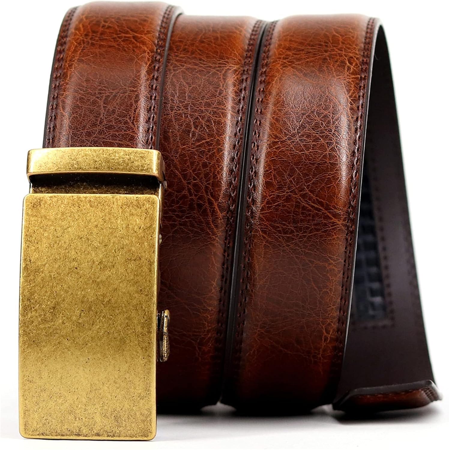 Herren Gürtel, Business Ratsche Gürtel Herren Leder Gürtel Designer Luxus Legierung Automatische Schnalle Braunes Armband, Gold, 125