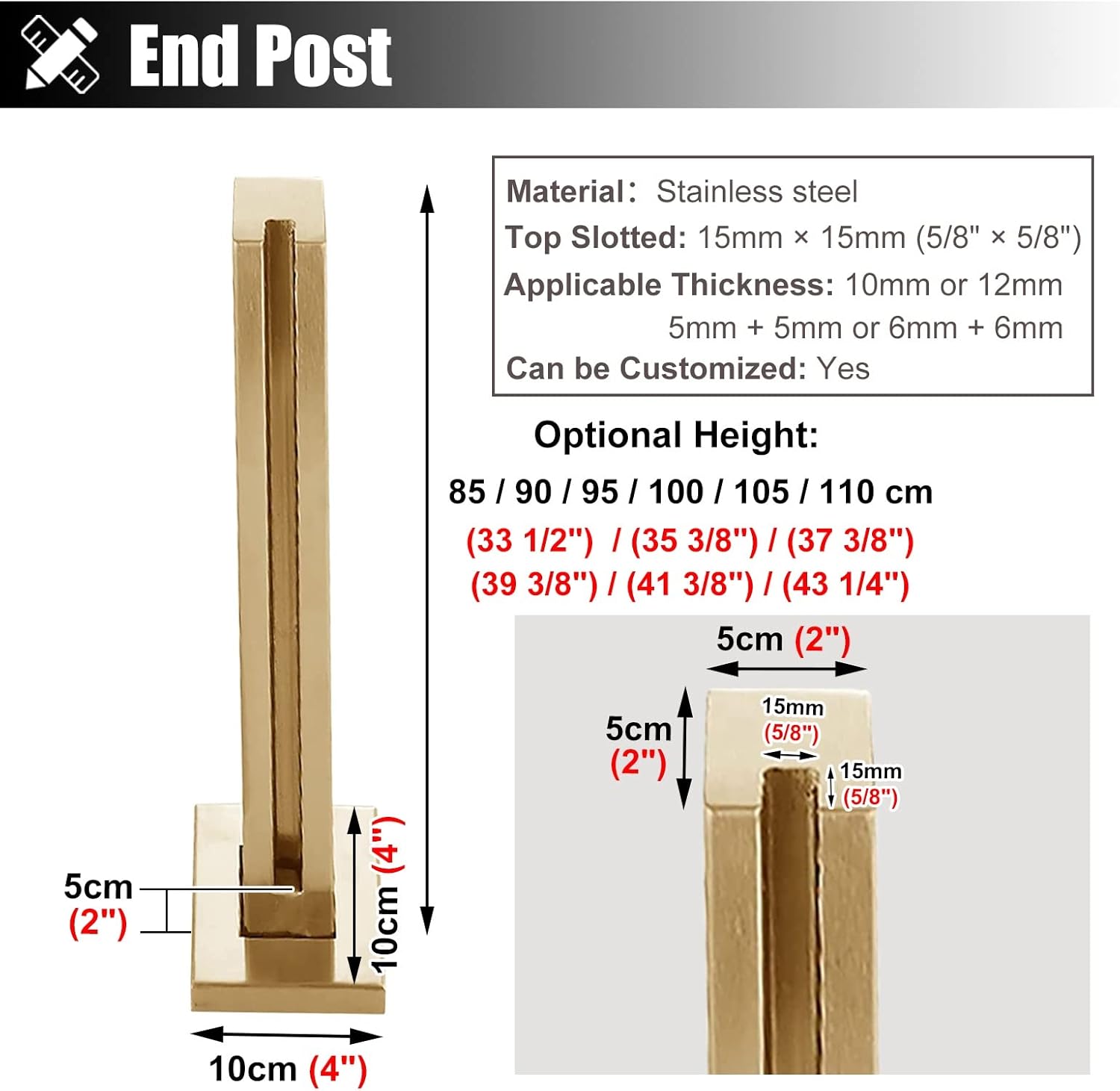 Glass Balustrade Post Clamp, Floor Mount Glass Balustrade Post, Inside/Outside Glass Railing System, Platform Partition/Veranda Protection Glass Guardrail Clamp(End Post,100cm/39.4")