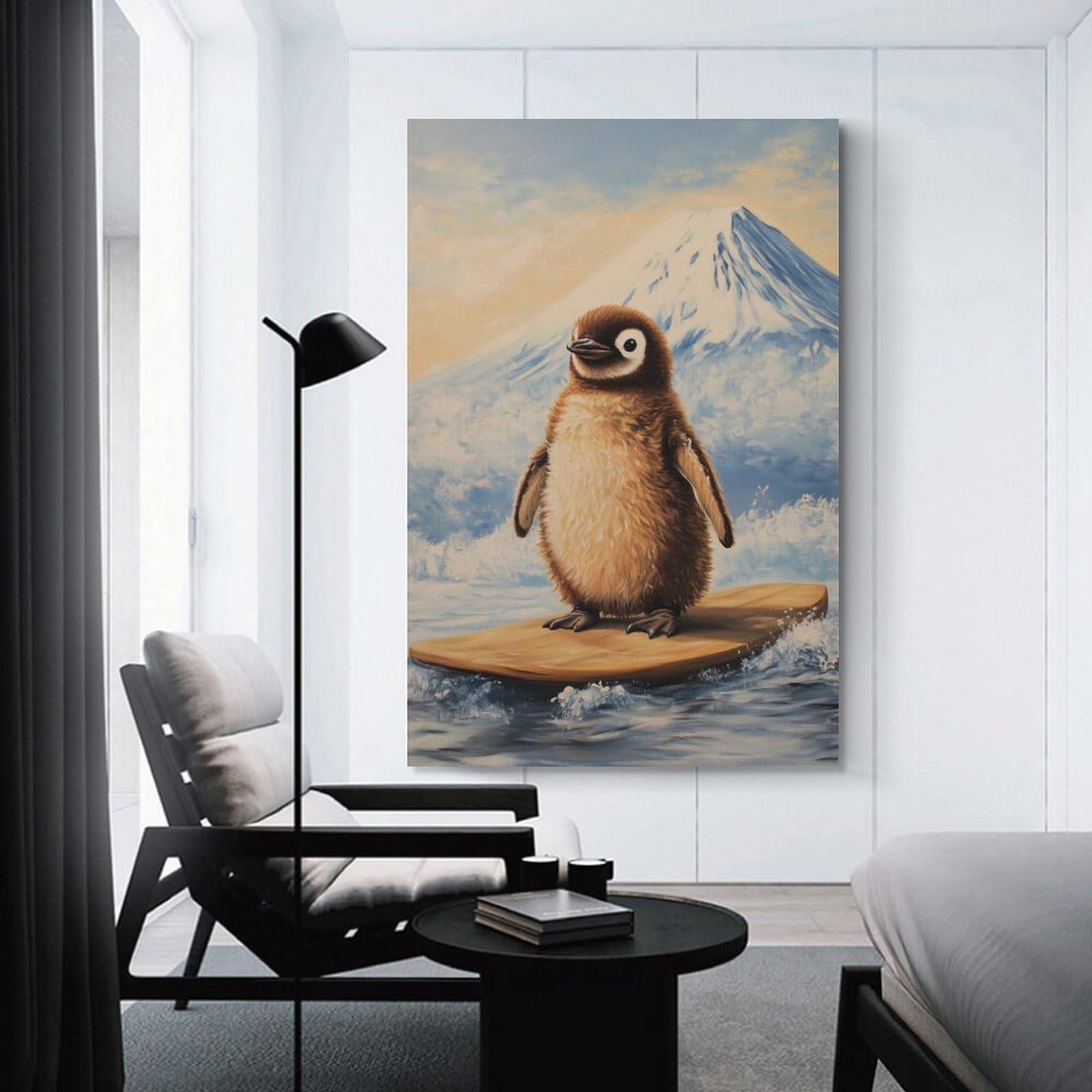 Junmoney Penguin Surfing Decorative Canvas Print 24x36inch(60x90cm), for Study, Office Or Focused Interiors, Wall Art That Adds Style to Work Areas