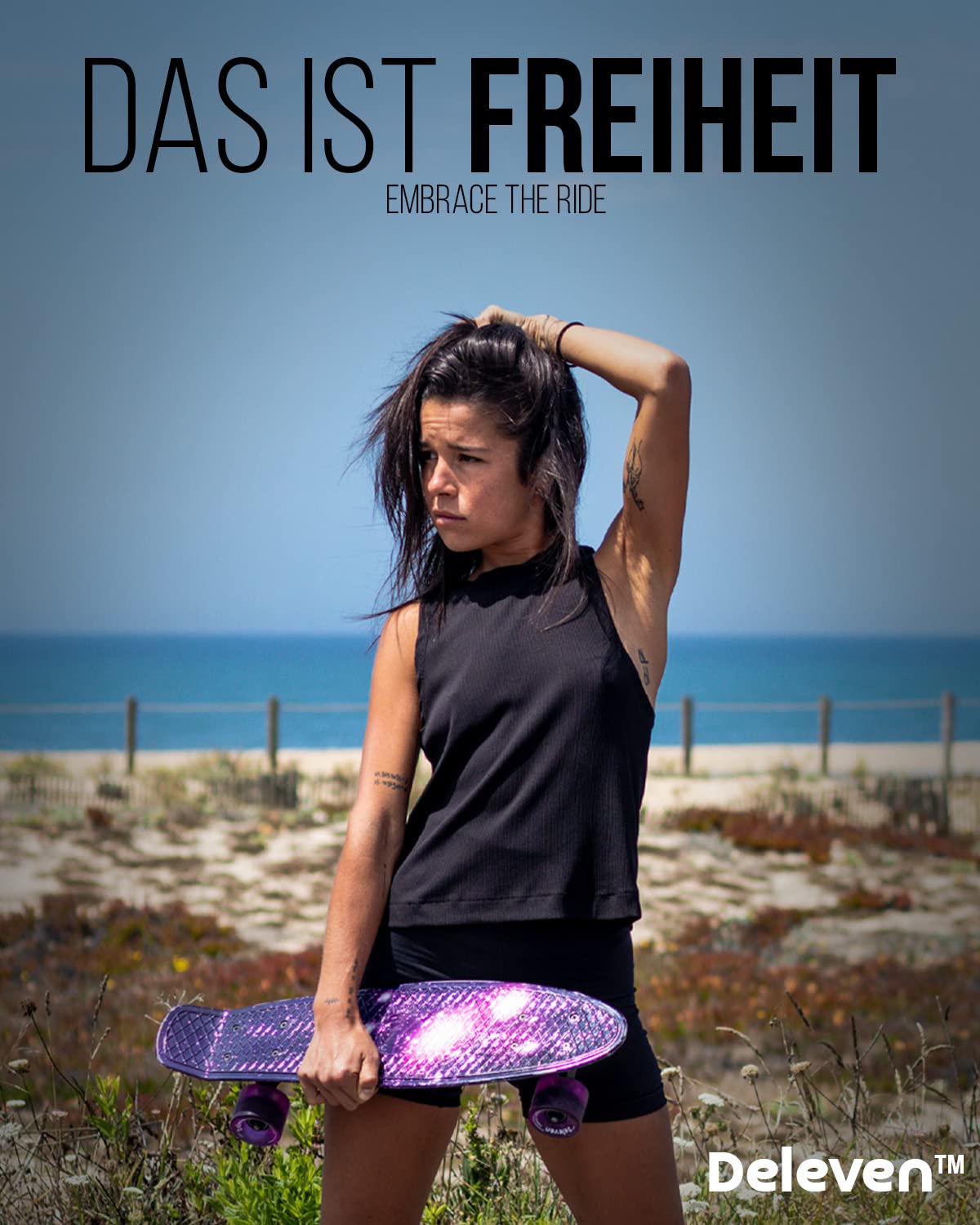 Deleven Skateboard mit LED Rollen, Skate Tool und ABEC 7 Lager - Kinder Erwachsene Anfänger - 56 cm