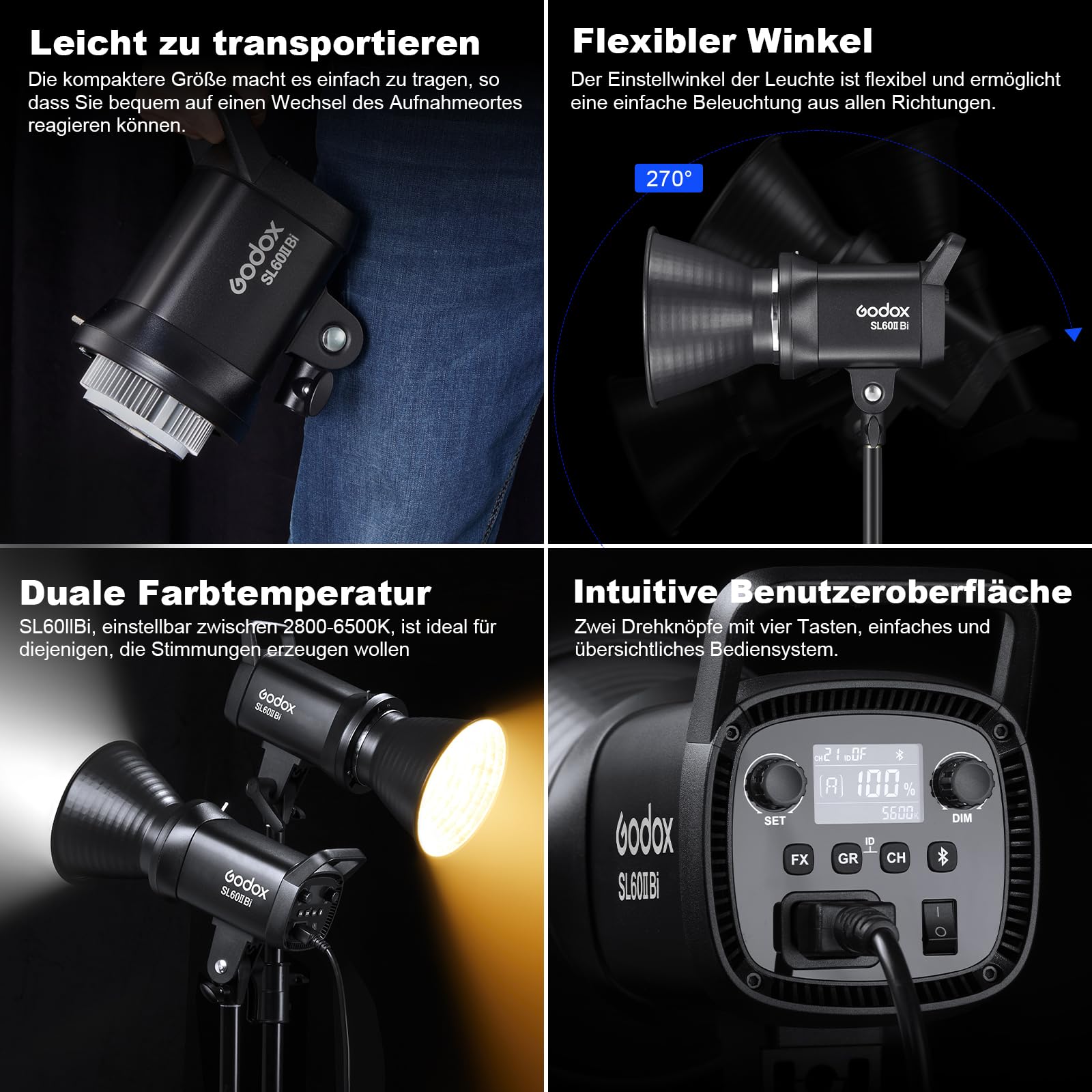 GODOX SL60IIBi Kit d'éclairage vidéo LED,Eclairage vidéo 2800K-6500K,CRI>96,TLCI>97,25100Lux avec télécommande originale,Bowens Mount et contrôle Bluetooth pour la photographie,studio photo,vidéo vlog