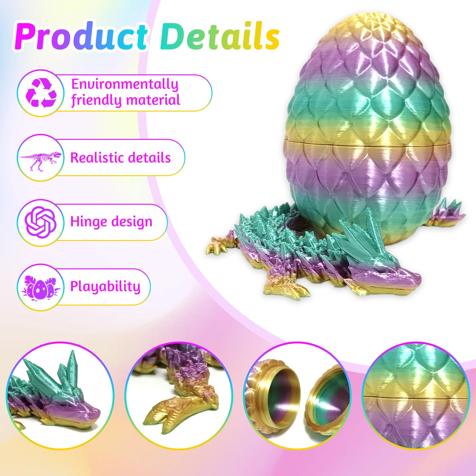 3D Printed Dragon in Egg,4 Pack 3D Printed Dragon Egg with Dragon Inside Articulated Crystal Dragon Figurine Easter Basket Fillers 3D Printed Fidget Toy for Christmas Birthdays Home & Office Decor - Image 4