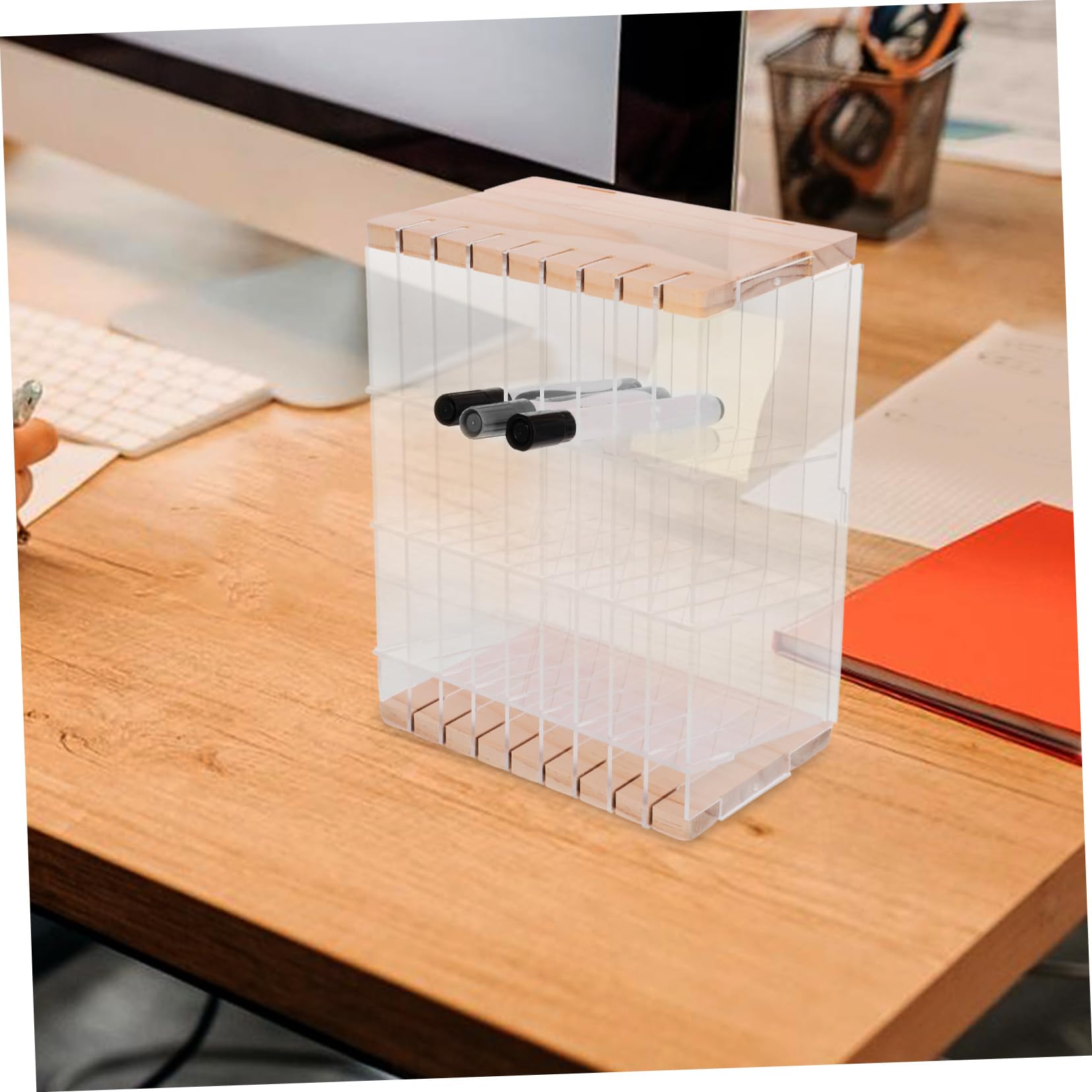 LALAFINA Multifunktionaler Stiftehalter 108 Stifte aus Acryl und Holz mit Fächern Je Regal Sicher Abgerundete Kanten für Schreibtisch und Büro