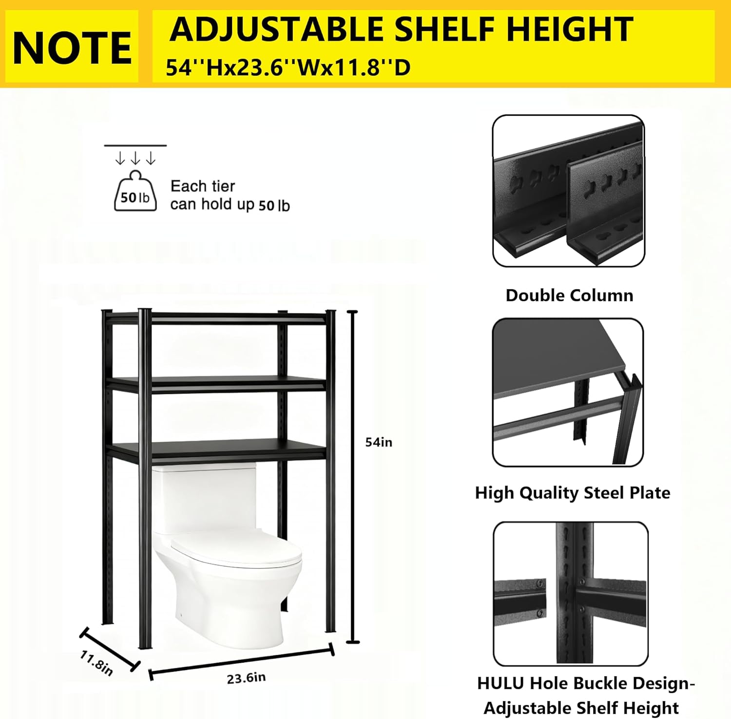 Over The Toilet Storage Shelf, Freestanding Metal Bathroom Shelf Organizer, Waterproof Rustproof Space Saver, Black，54''H×23.6''W×11.8''D