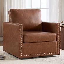 CANMOV Swivel Accent Square Chair, 360 Swivel Chair with Thick Padded Backrest Cushion, PU Leather Swivel Reading Chair for Living Room Bedroom Small Spaces, Brown