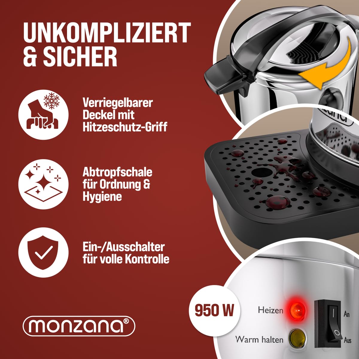 MONZANA Glühweinkocher 6,8L mit Zapfhahn Tropfschale Thermostat 30-110°C Heißgetränkespender Edelstahl Einkocher Punschkocher Heißgetränkeautomat