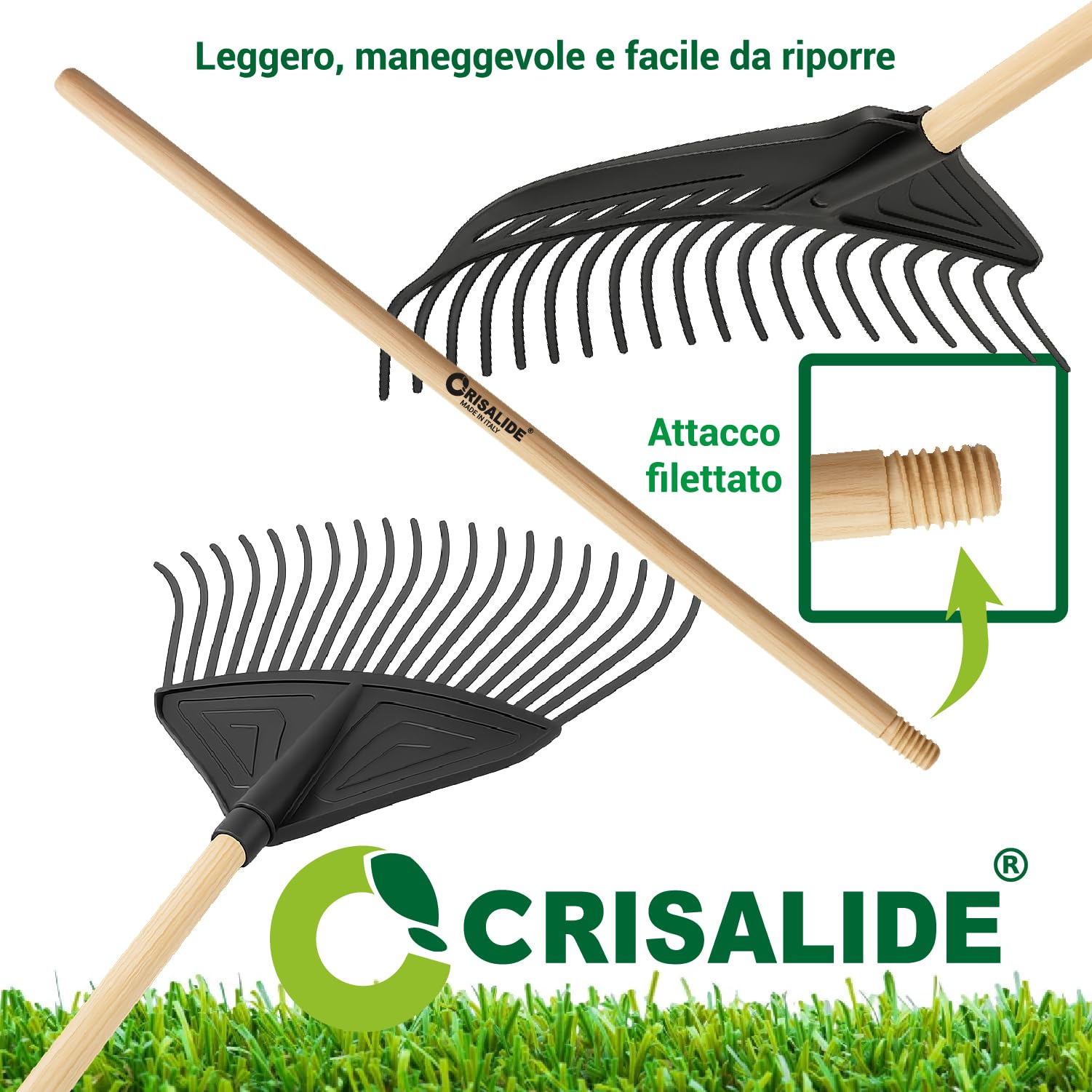 Crisalide® Rastrello da Giardino per Foglie con Manico in Legno 150 cm – Testa Larga in Plastica Flessibile – Ideale per Foglie, Paglia ed Erba – Attrezzo Leggero, Resistente e Maneggevole