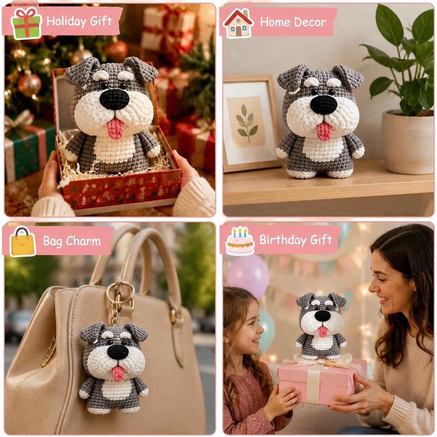 Easy Crochet Dog Kit for Beginners, Gray Puppy Crochet Starter Kit with Step-by-Step Video Tutorials and Written Instructions, DIY Yarn Handmade Crochet Animal Craft Kit, Great Gift for Adults