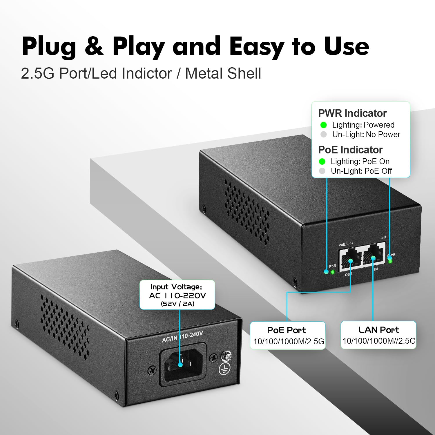 YuLinca 2.5 Gigabit PoE+ Injector, 802.3af/at/bt 90W Power Over Ethernet PoE Adapter, 100/1000/2500Mbps, Nicht-PoE zu PoE Adapter, Plug & Play, Entfernung bis zu 100 Meter (328 ft.)