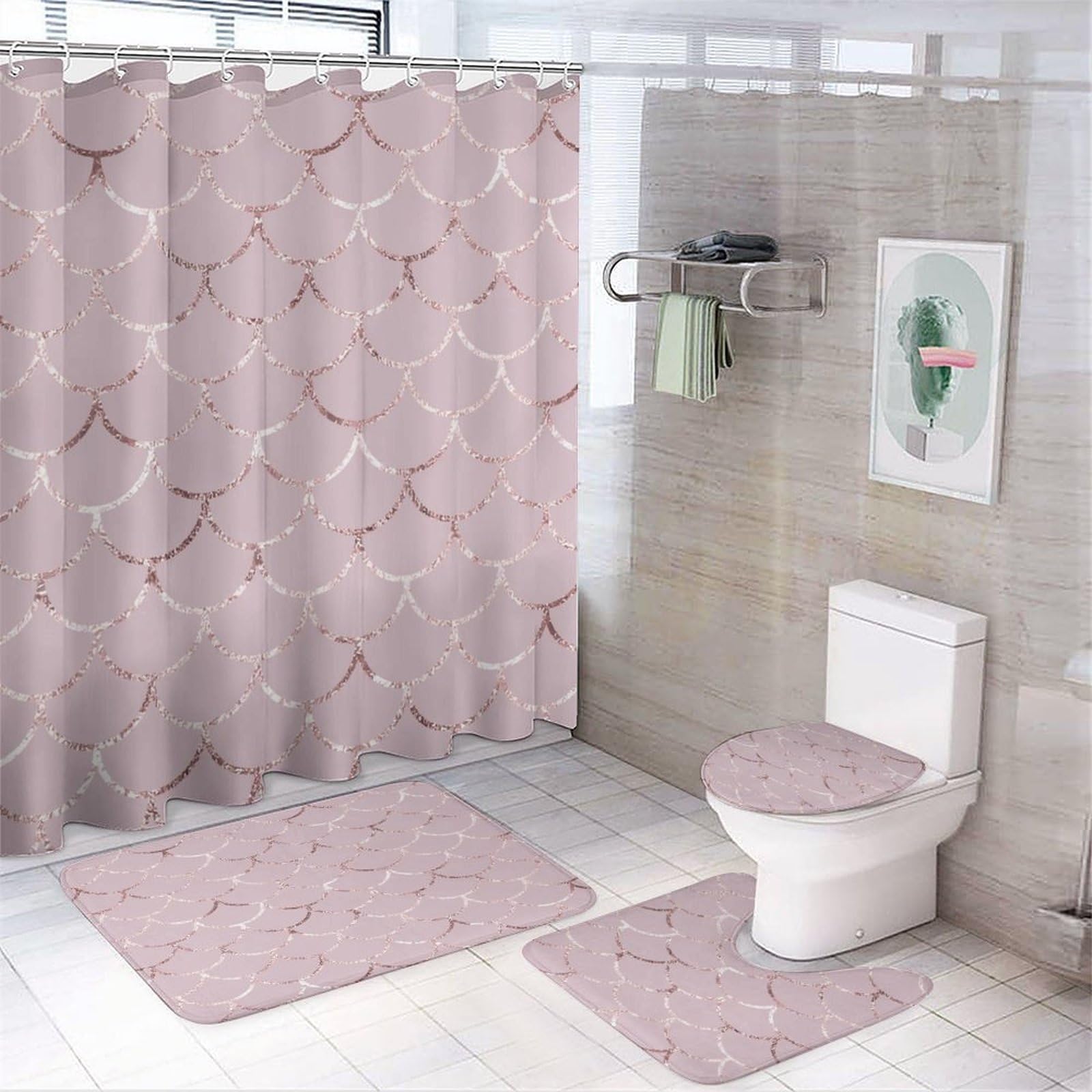 Abstract Watercolor Mermaid Scales 4 Piece Shower Curtain Sets,Bright Rose Gold Elegant Mermaid Fish Scales Non-Slip Rugs,Toilet Lid Cover and Bath