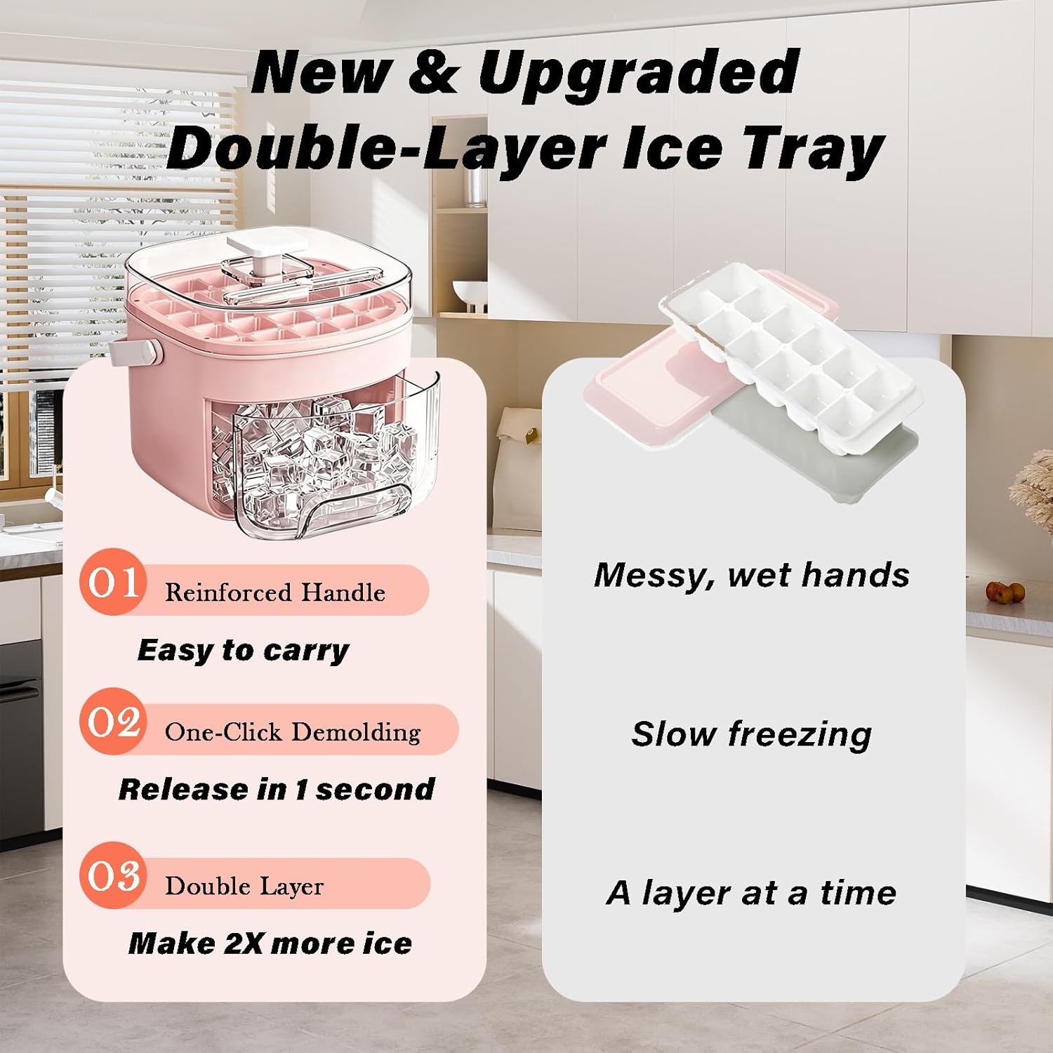 48 Cube Double-Deck Portable Ice Maker, 2026 New Silicone Ice Cube Tray with Easy Press Lid, One-Second Release Storage Bin and Tongs for Freezer, Whiskey, Cocktail, Camping and Parties (Red)