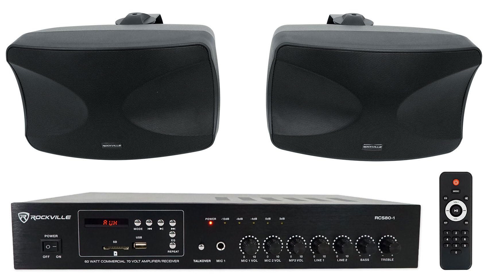 Rockville Bundle: (1) RCS80-1 60 Watt 70v Commercial/Restaurant Amplifier/Bluetooth Receiver + (1) Pair WET-44 PRO Dual 4
