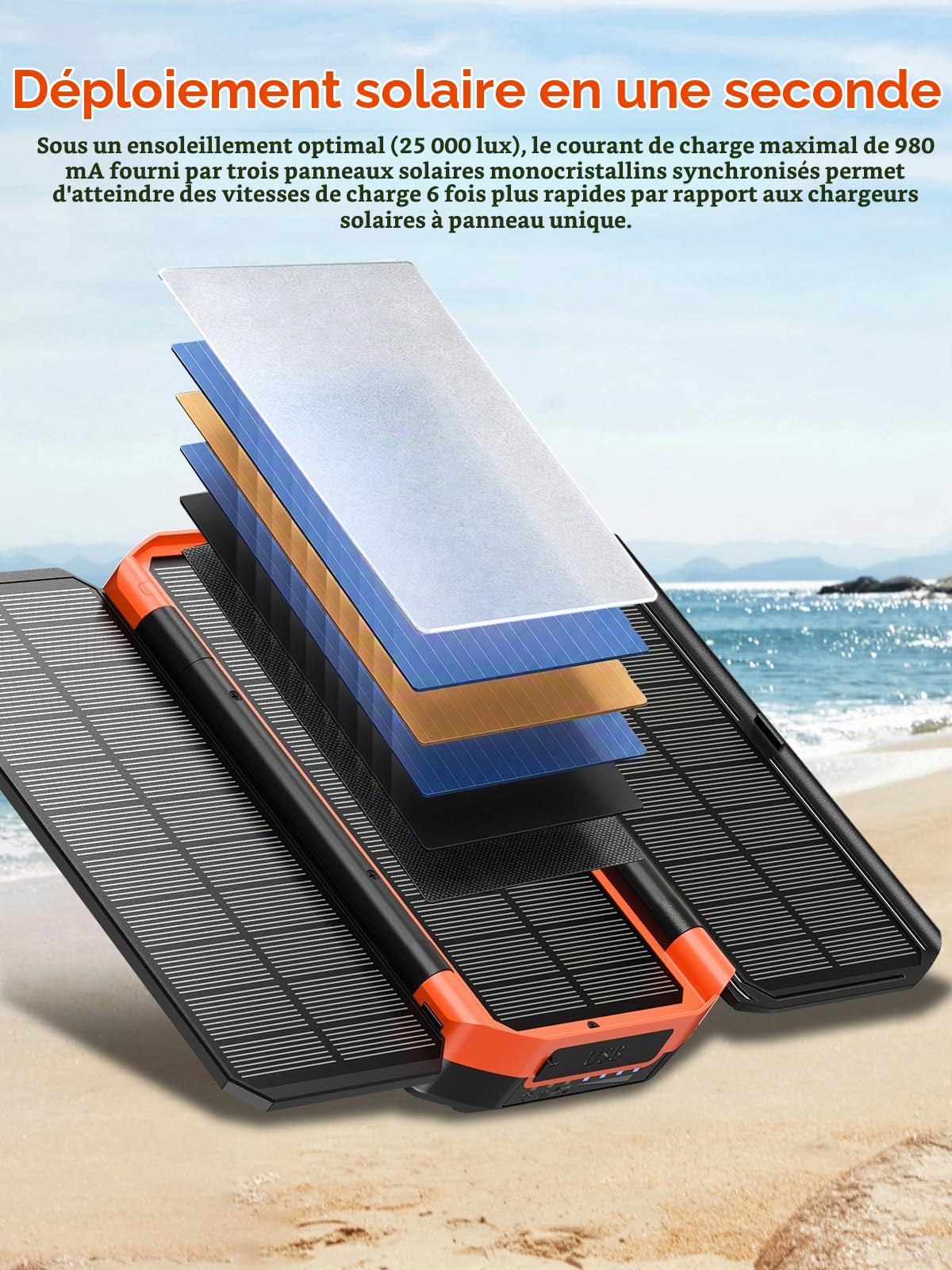 Batterie Externe Solaire 63200mAh, 30W PD 3.0A USB C Power Bank Charge Rapide avec 2 Câbles, 5 Sorties/2 Entrées, 15W Chargement sans Fil, Lampe de Poche, Voyant LED, Chargeur Externe pour Téléphone