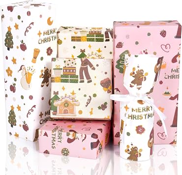 Toptime Christmas Wrapping Paper, 6 Sheets Pink Kraft Gift Wrapping Paper with Santa Claus, Gingerbread Man, Christmas Tree, Cute Xmas Gift Wrap for Kids New Year, Holiday, Festival 27.6x19.7in