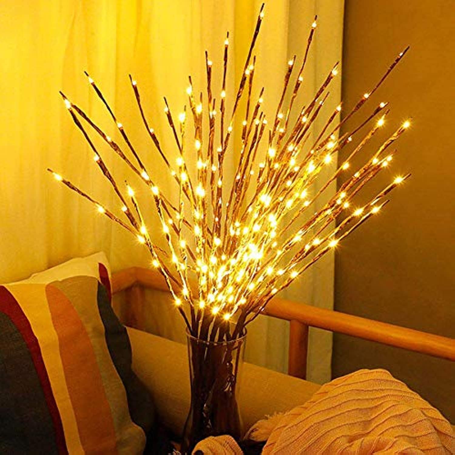 HICITI Feather Table Lamp DIY Warm Light LED White birch Willow Branch Cherry Plum Blossom Tree Light Table Lamp For Christmas Wedding Home Bedroom Decor (3 Bunches Willow Branch)