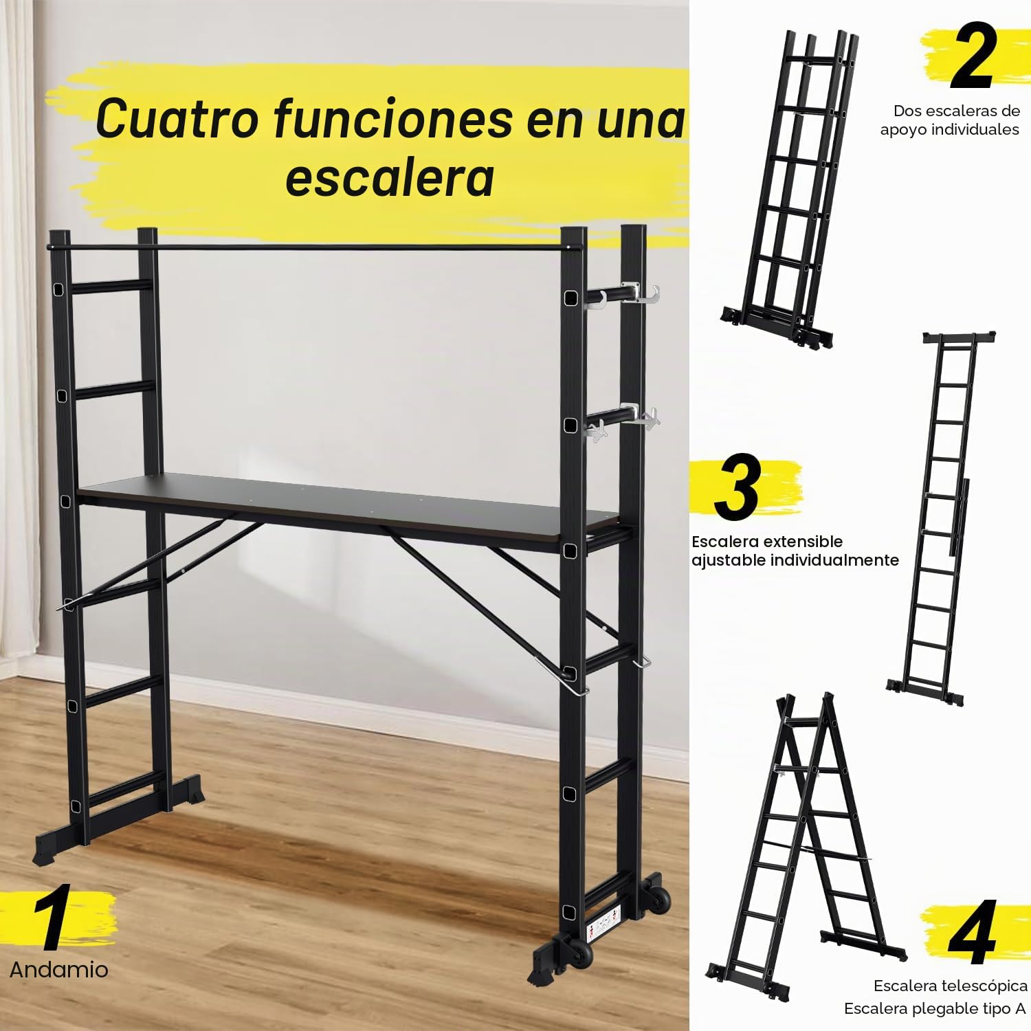 Gimisgu Andamio, escalera multifunción 4 en 1 de aluminio 6+6 peldaños, andamio móvil multiusos con plataforma y 2 ruedas, plataforma de trabajo, andamio de trabajo, soporta hasta 150 kg máximo, Negro